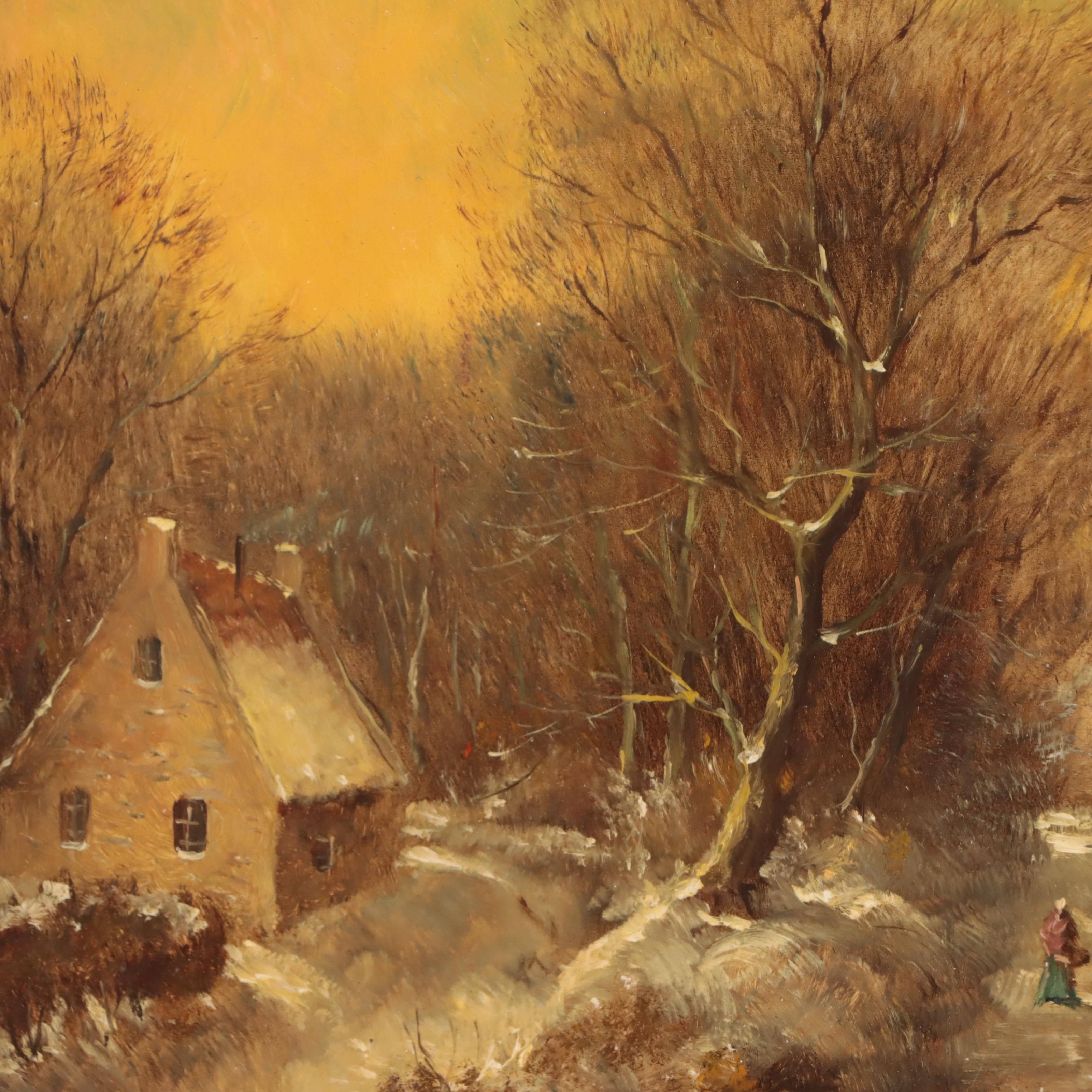 Stephan de Haan Dutch Landscape Oil Painting of Ice Skaters