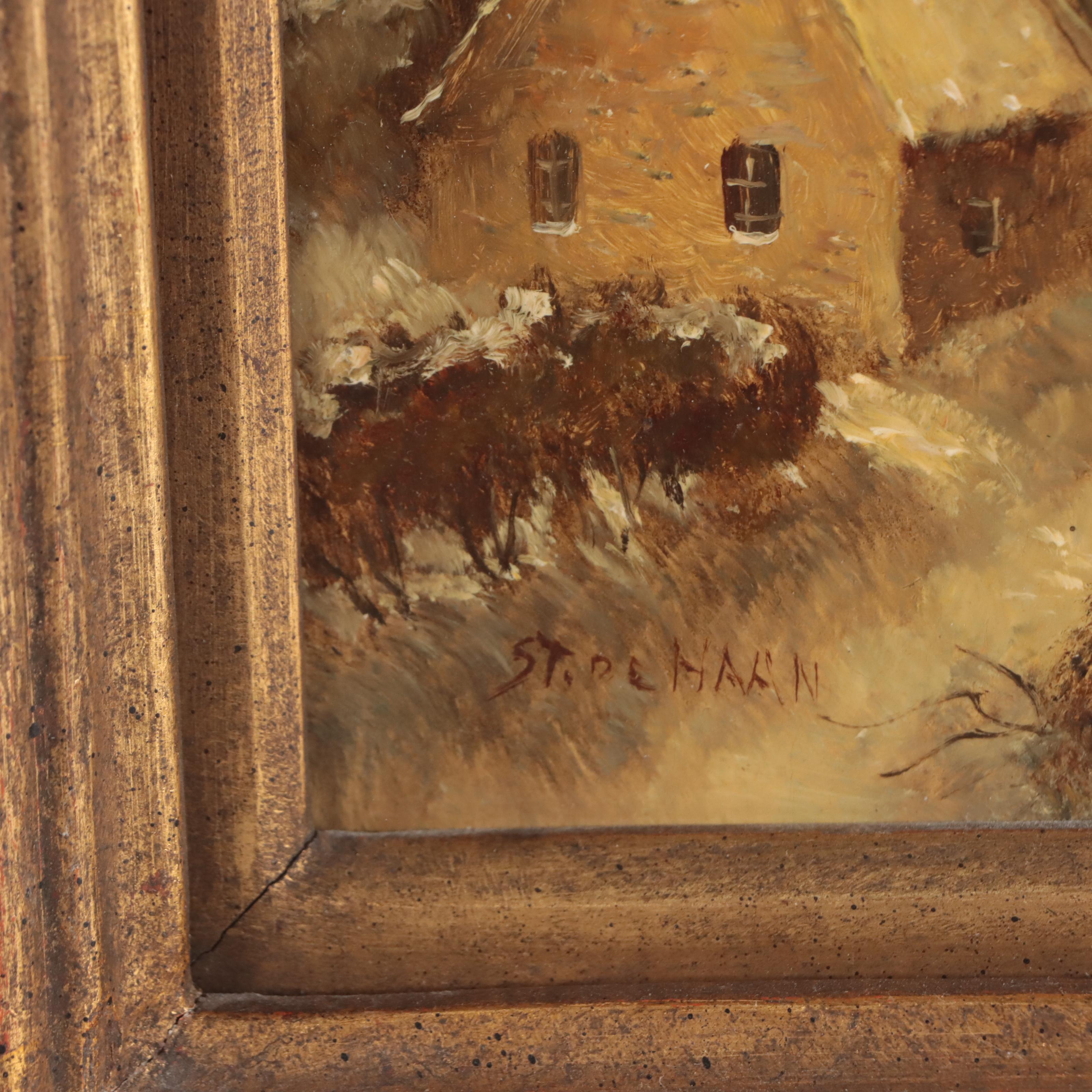 Stephan de Haan Dutch Landscape Oil Painting of Ice Skaters