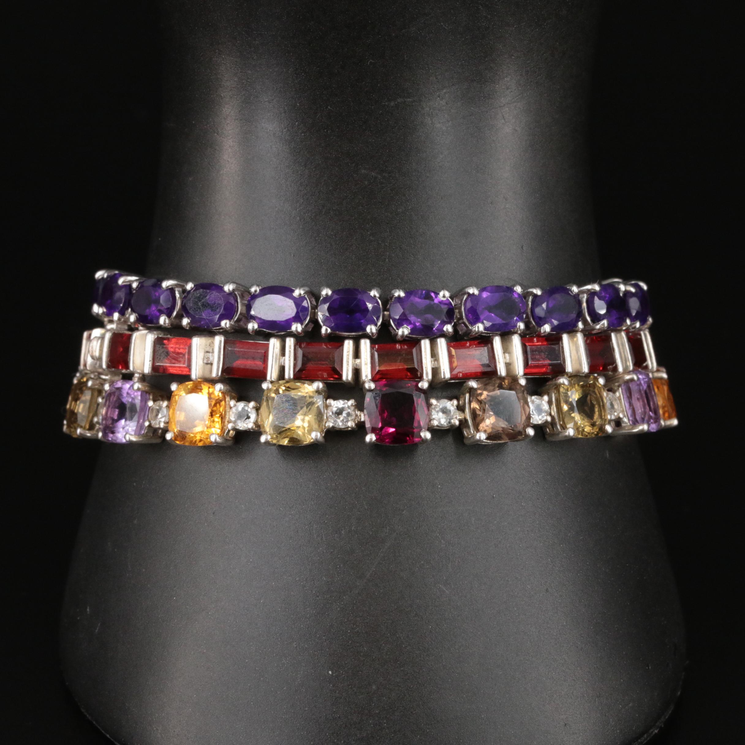 Sterling Bracelets Including Amethyst, Garnet and Citrine