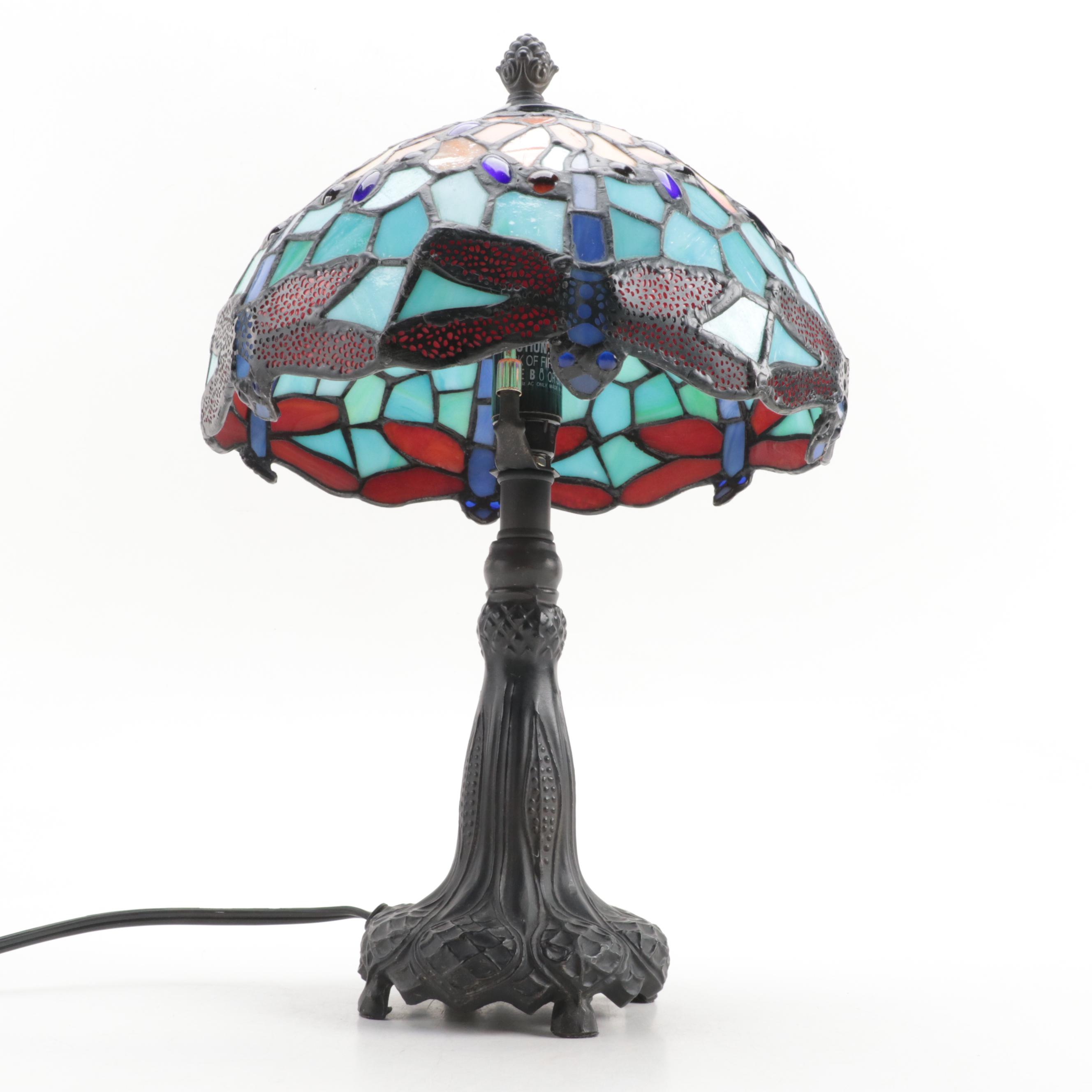 Dragonfly Slag Glass Shade Pressed Metal Accent Lamp, 21st Century