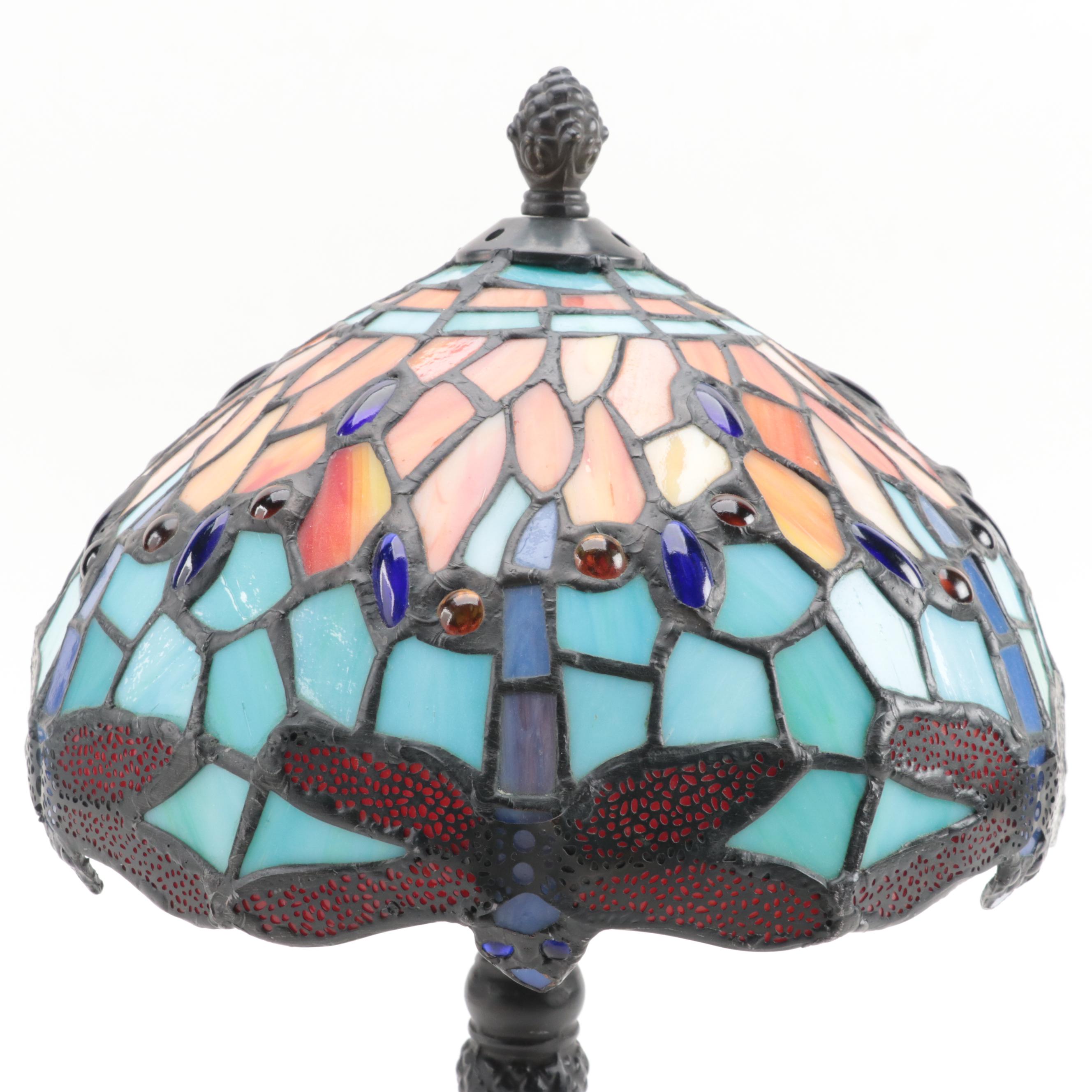 Dragonfly Slag Glass Shade Pressed Metal Accent Lamp, 21st Century
