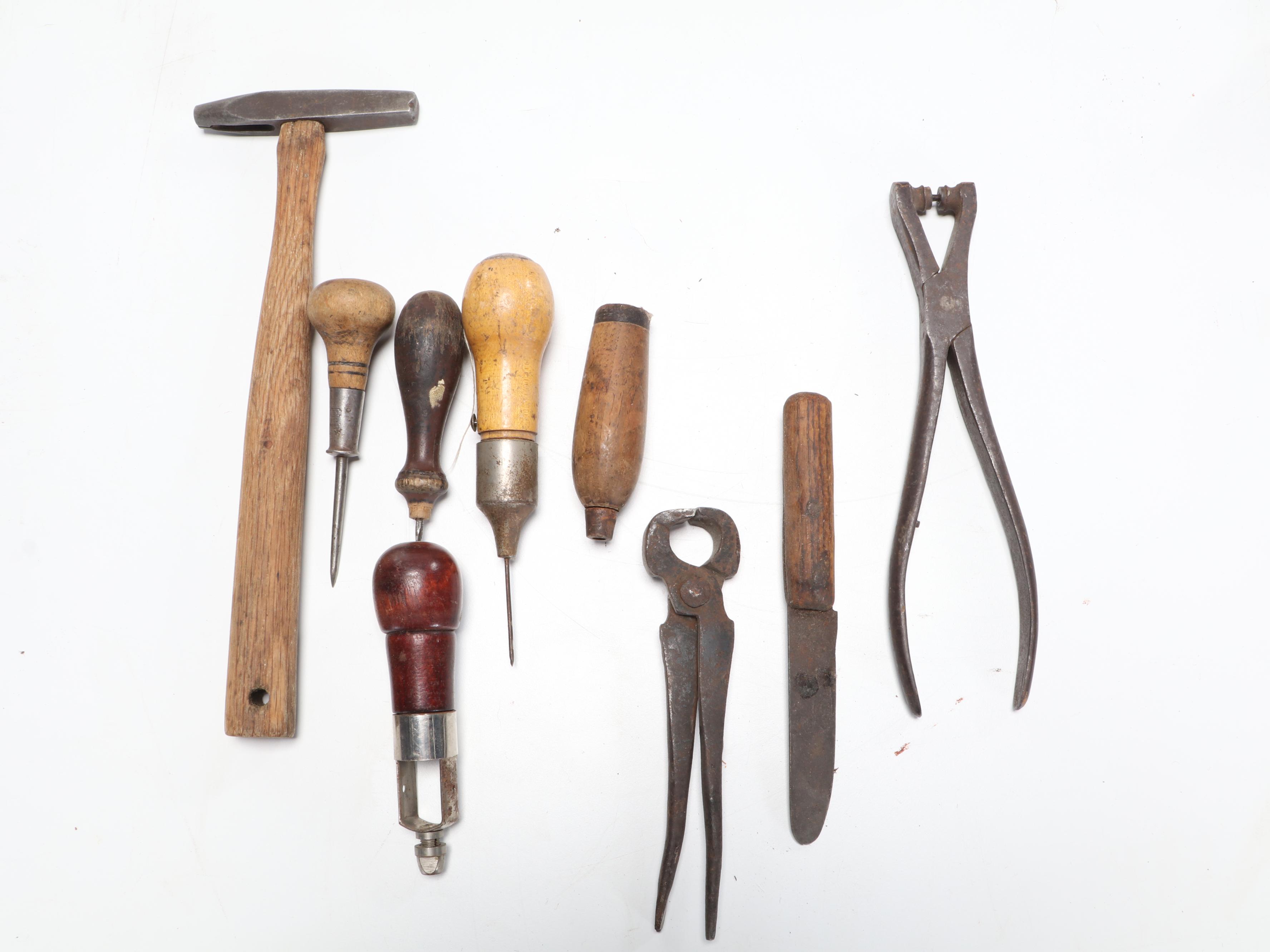 Late Victorian Cobbler's Cast Iron Shoe Forms With Assorted Hand Tools