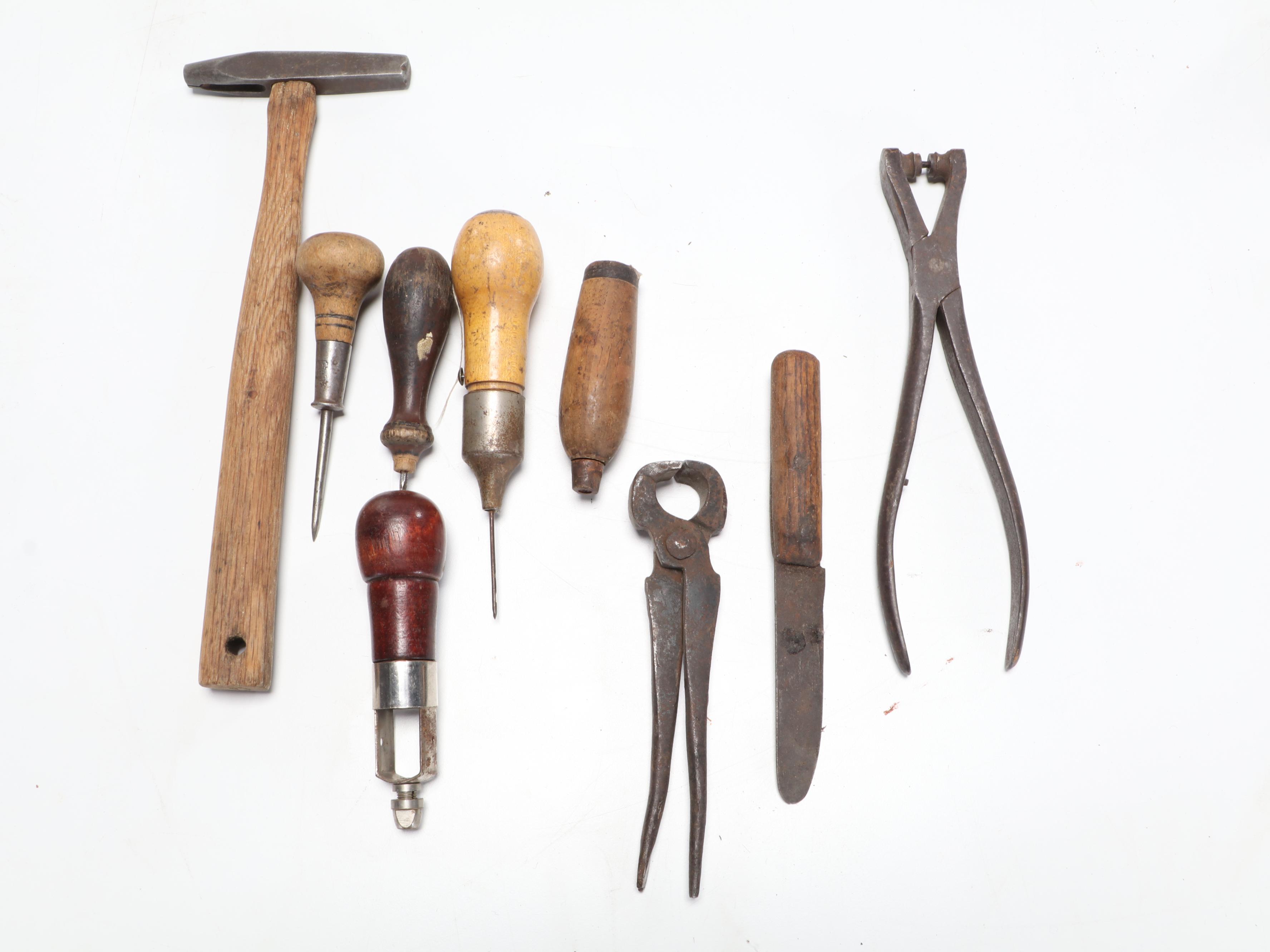 Late Victorian Cobbler's Cast Iron Shoe Forms With Assorted Hand Tools