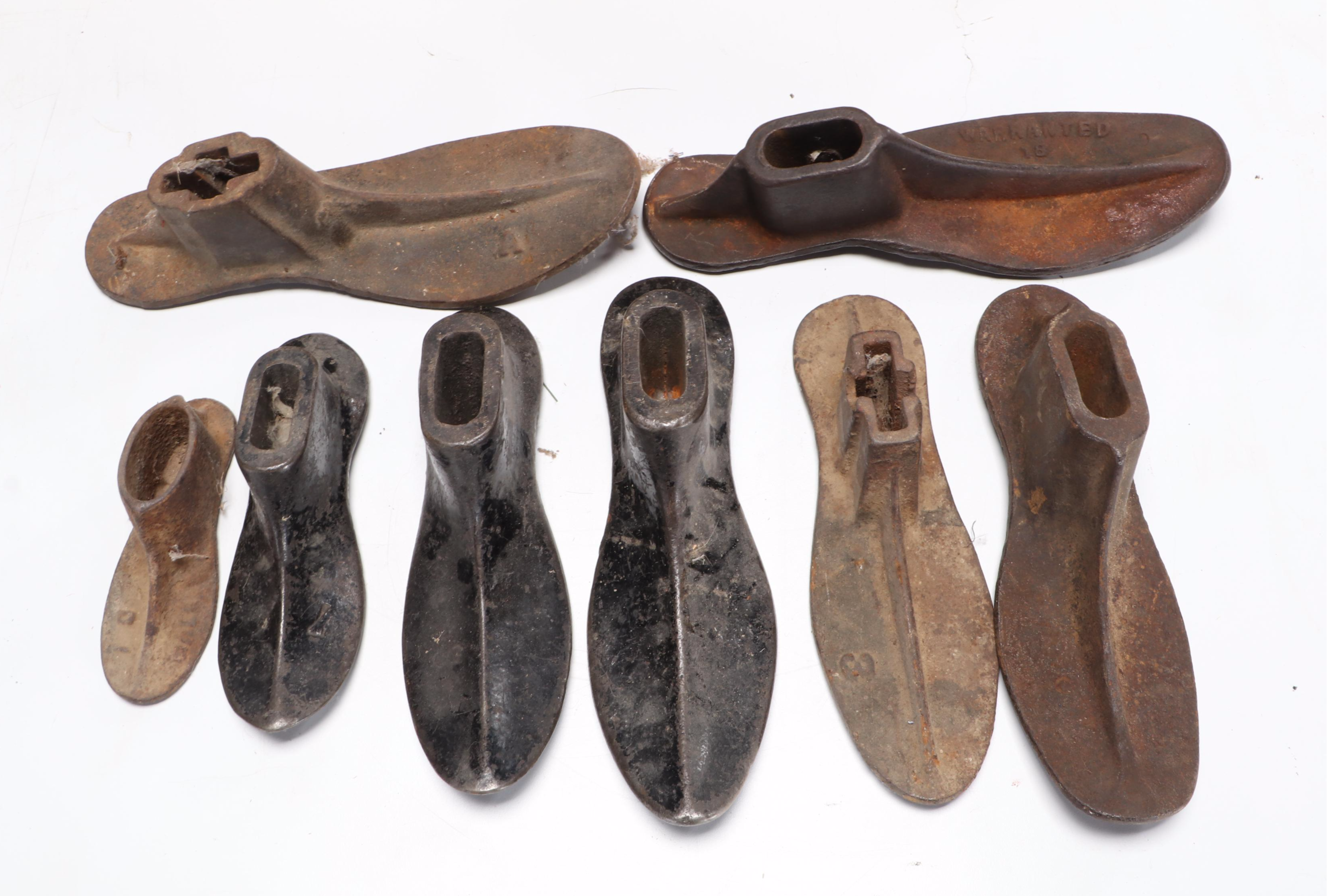 Late Victorian Cobbler's Cast Iron Shoe Forms With Assorted Hand Tools