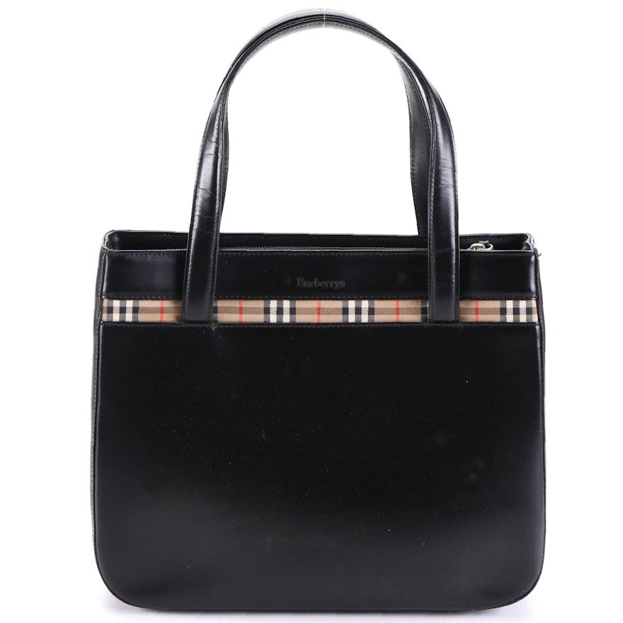 Burberrys Leather Tote Bag with Check Canvas Trim
