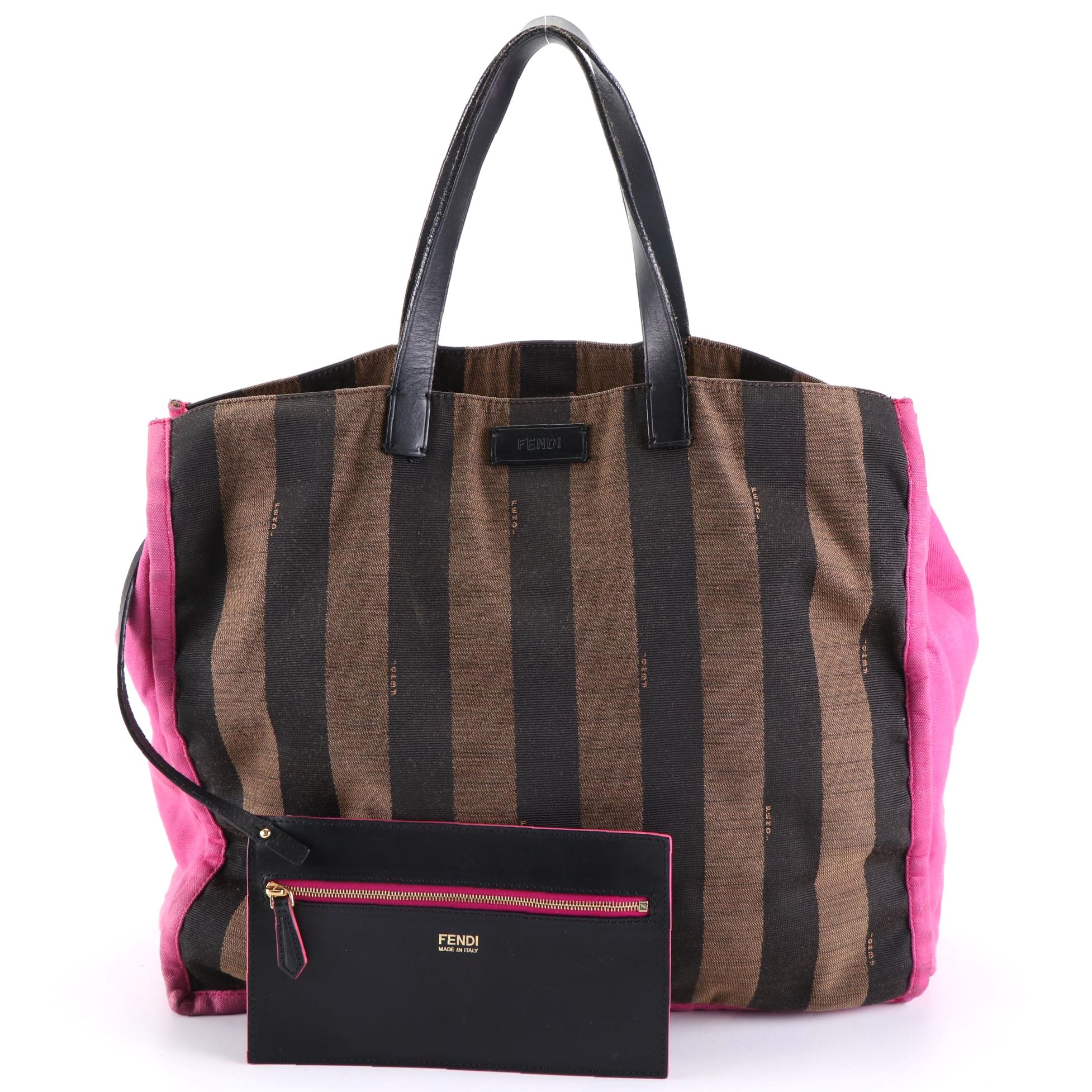 Fendi Pequin Stripe Canvas Shopper Tote with Zip Pouch