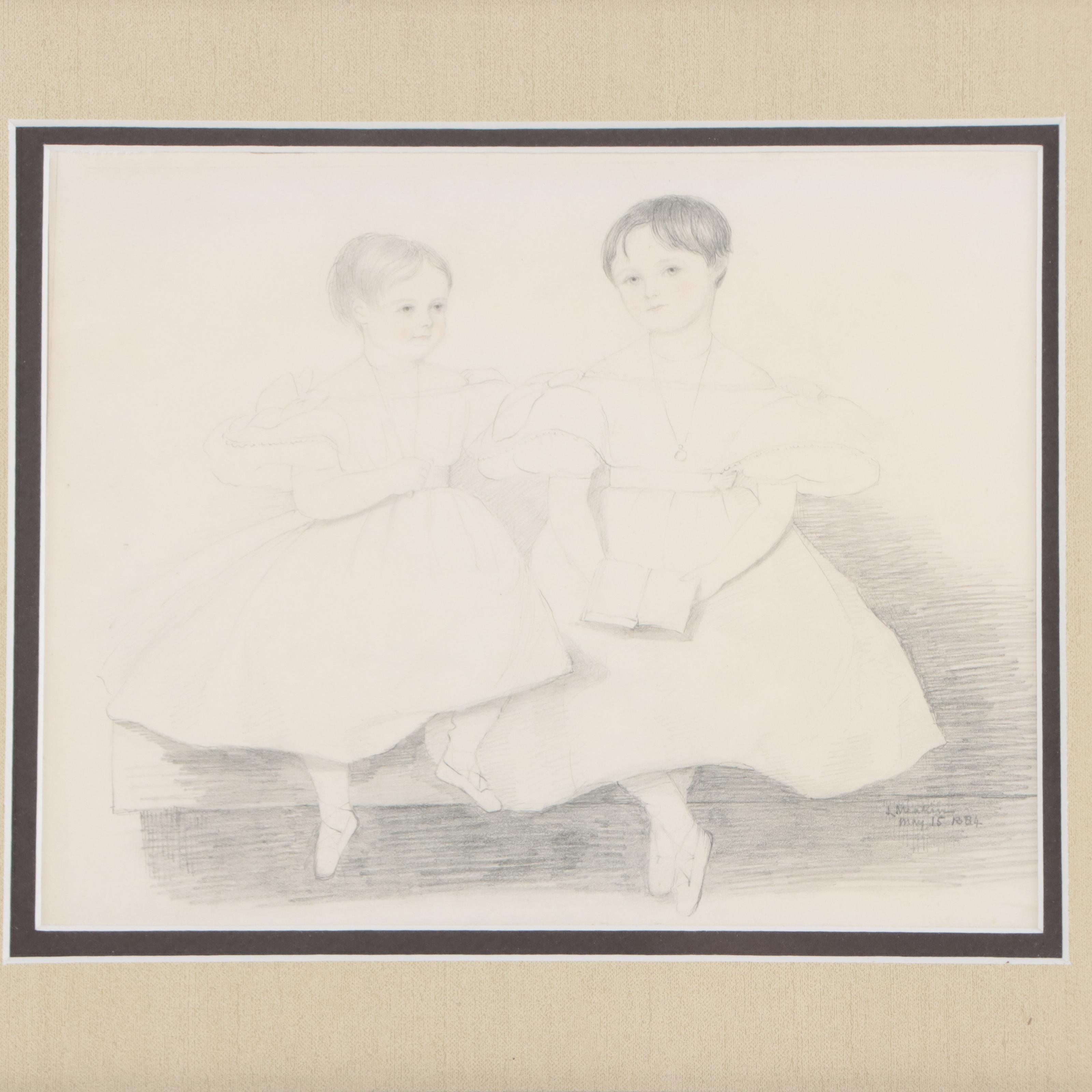 Lewis Henry Meakin Portrait Graphite Drawing of Two Girls, 1884