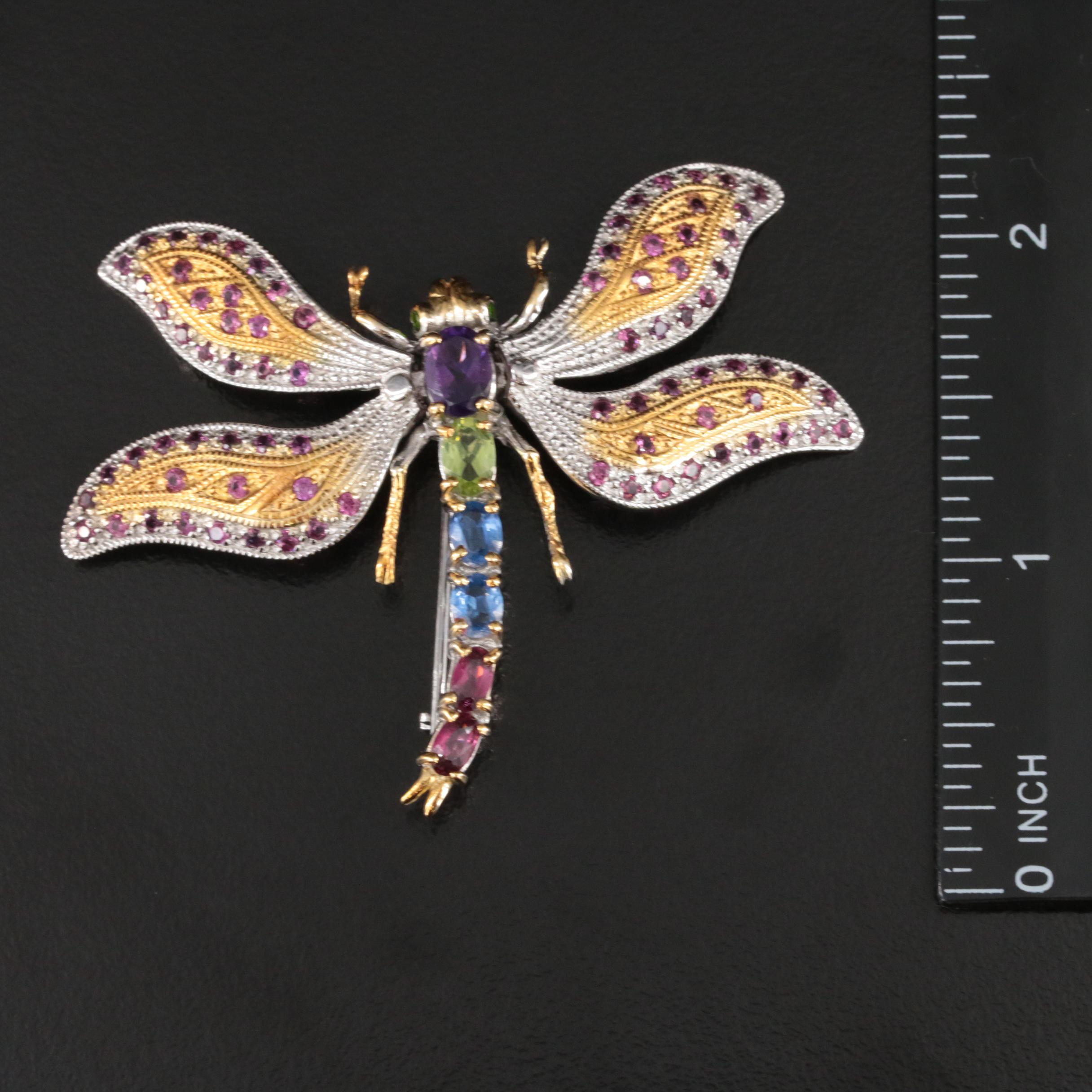 Sterling Amethyst, Garnet and Kyanite Dragonfly Brooch with Articulated Wings