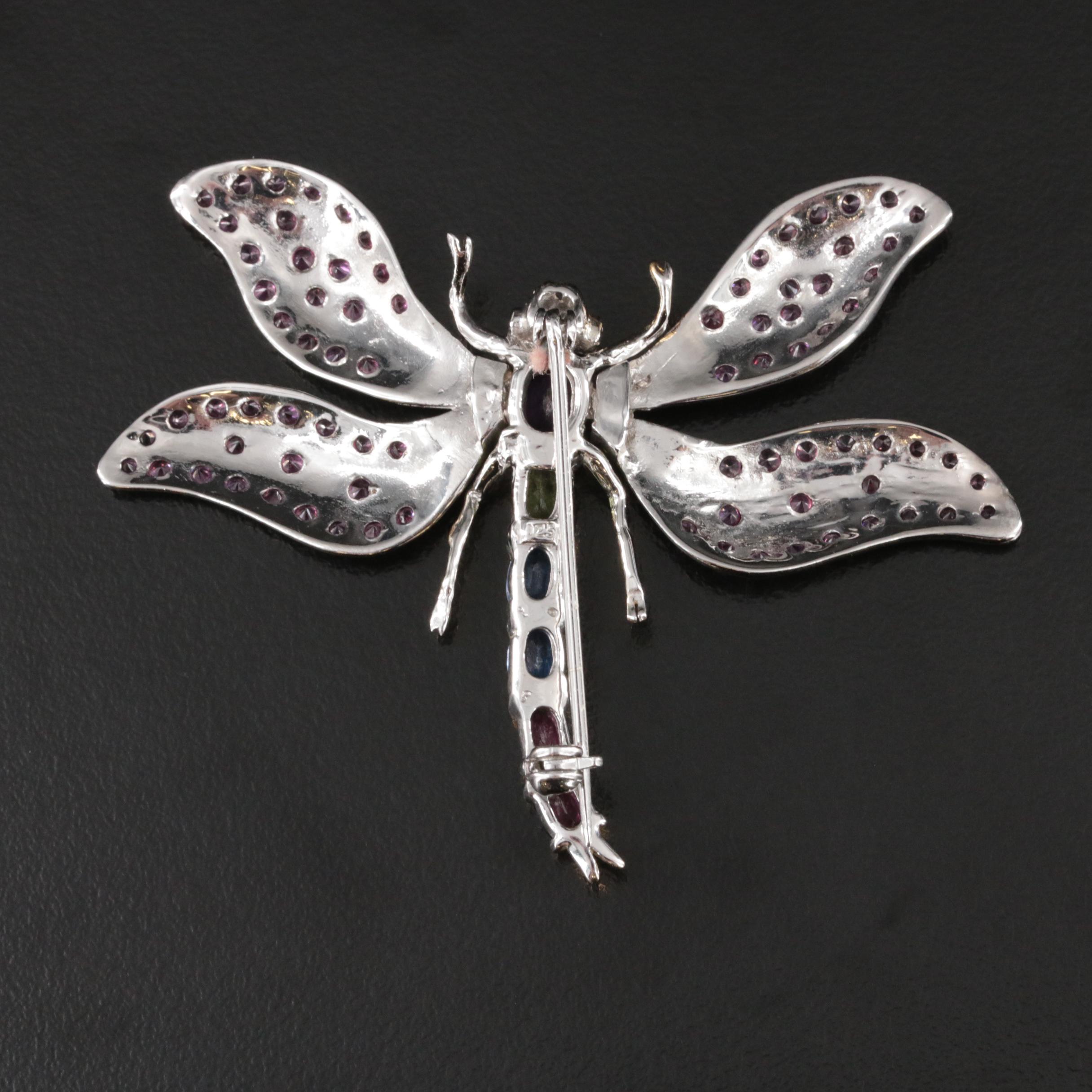 Sterling Amethyst, Garnet and Kyanite Dragonfly Brooch with Articulated Wings