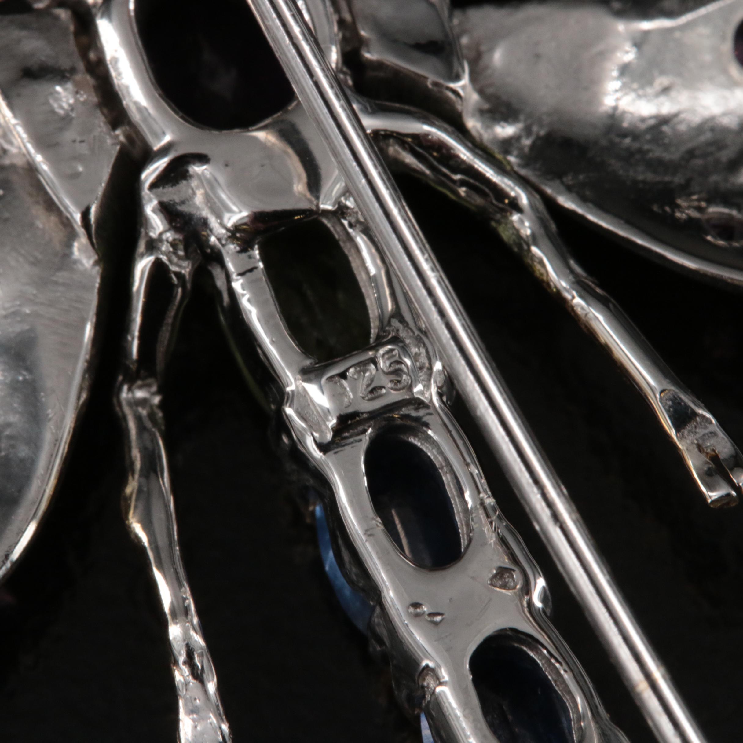 Sterling Amethyst, Garnet and Kyanite Dragonfly Brooch with Articulated Wings