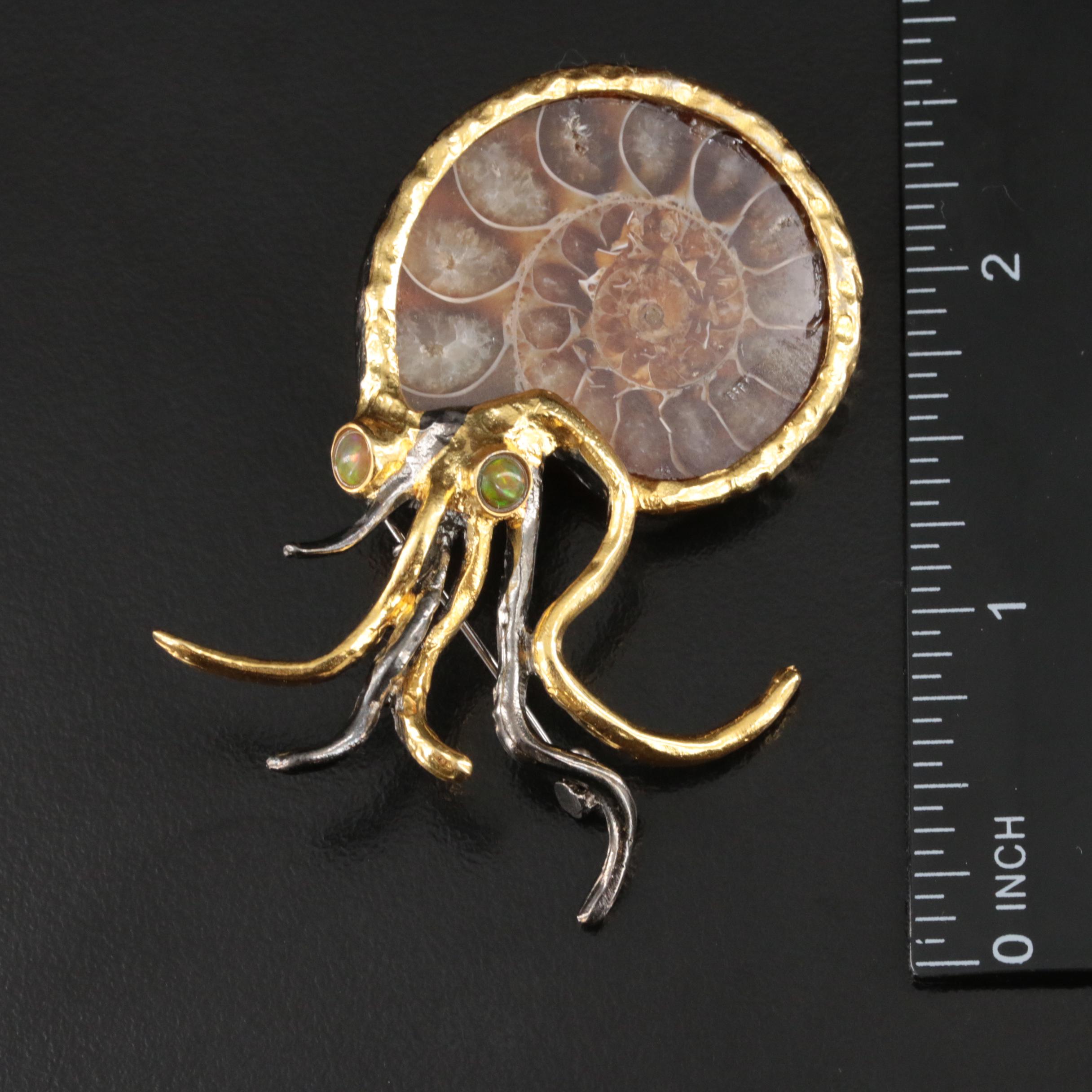 Sterling Ammonite and Opal Nautilus Brooch