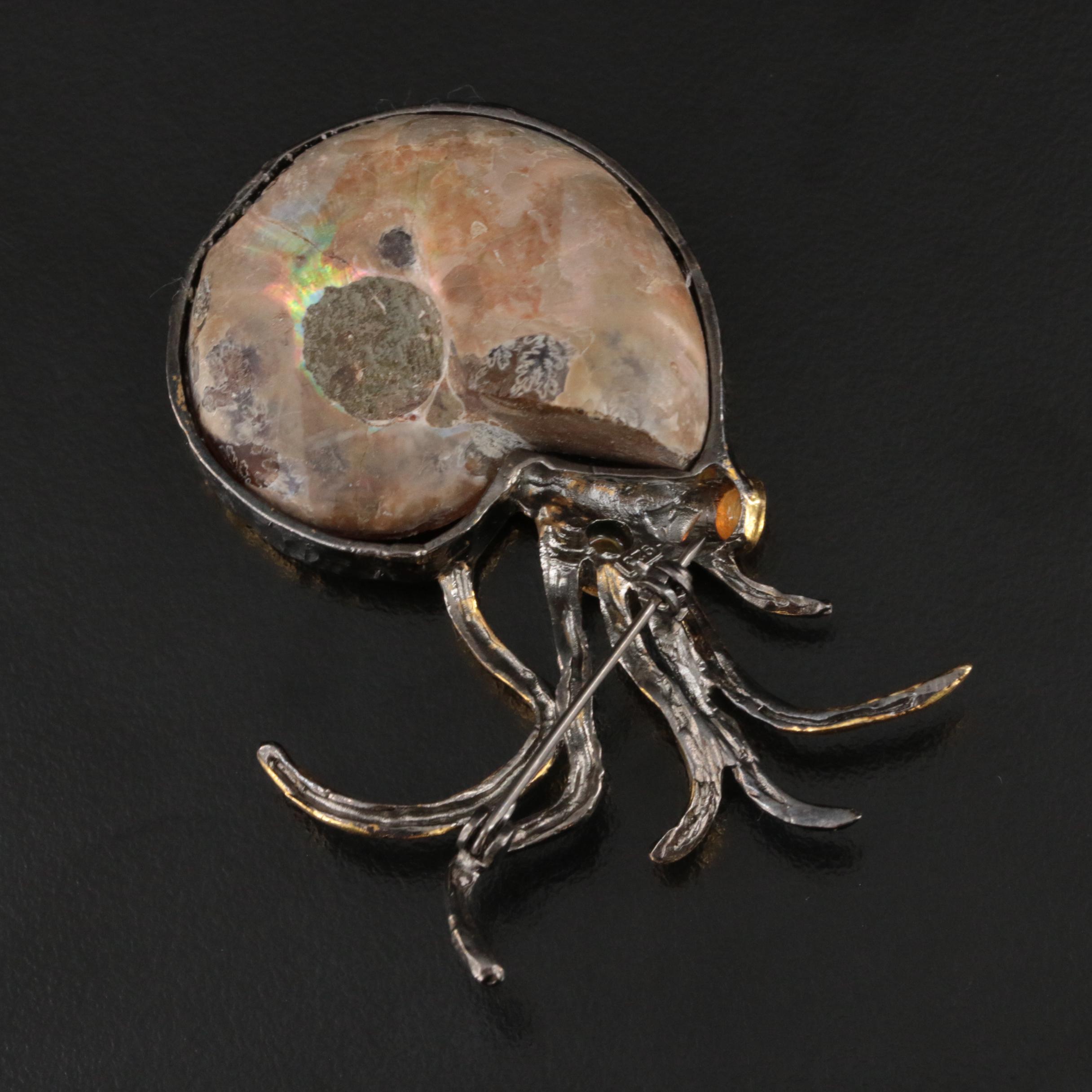 Sterling Ammonite and Opal Nautilus Brooch