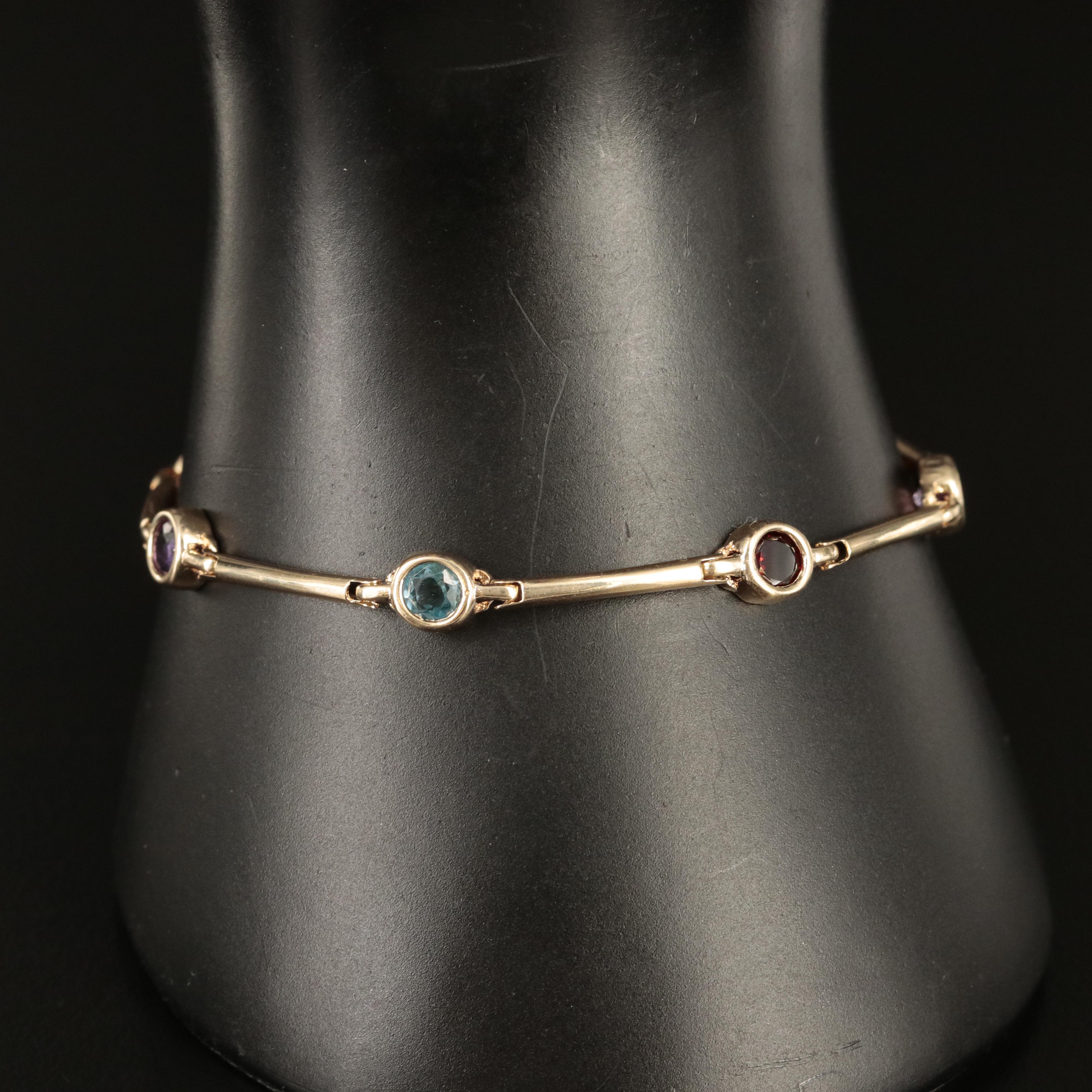 14K Amethyst, Topaz and Garnet Bezel Station Bracelet
