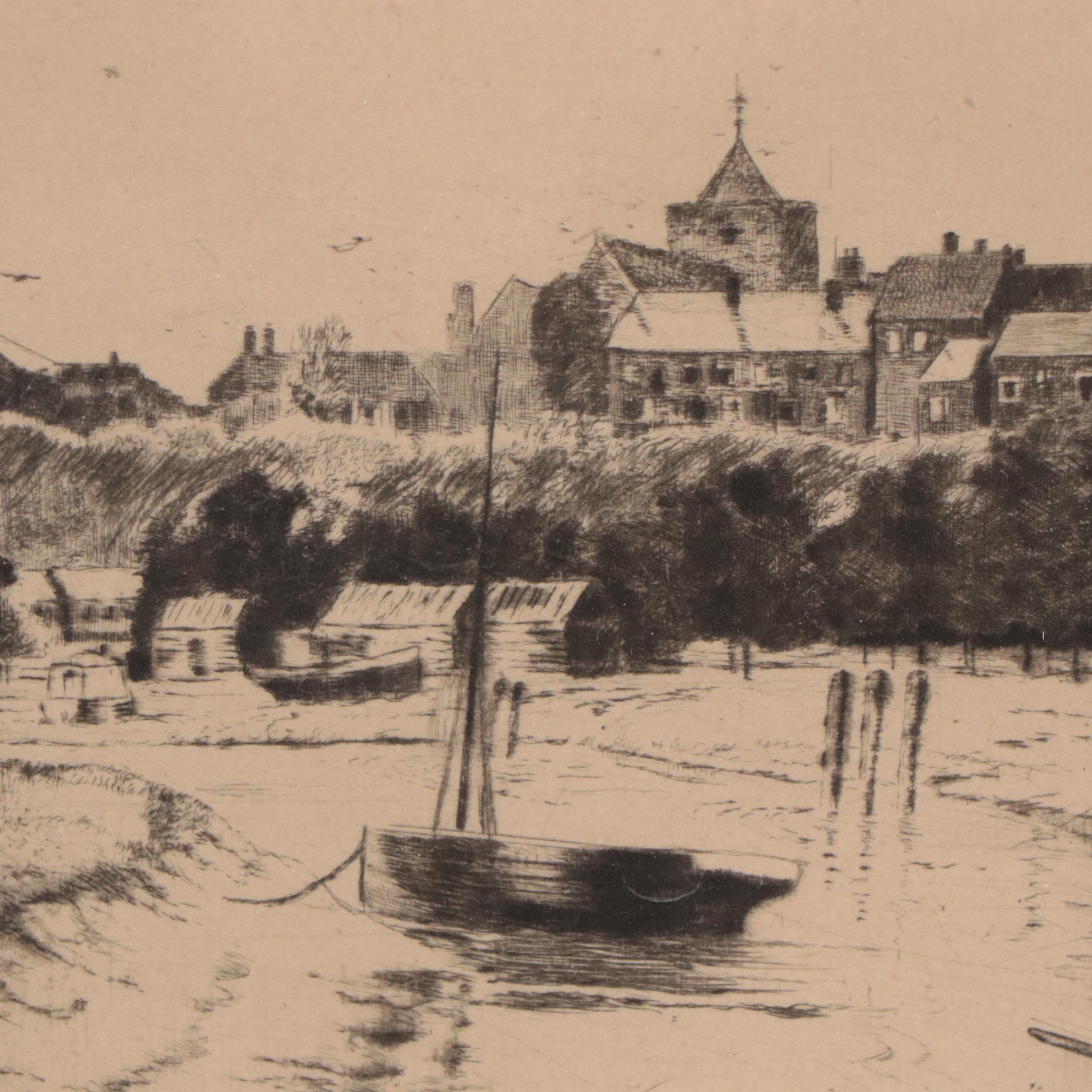 Donald Crawford Etching With Drypoint of Coastal Town