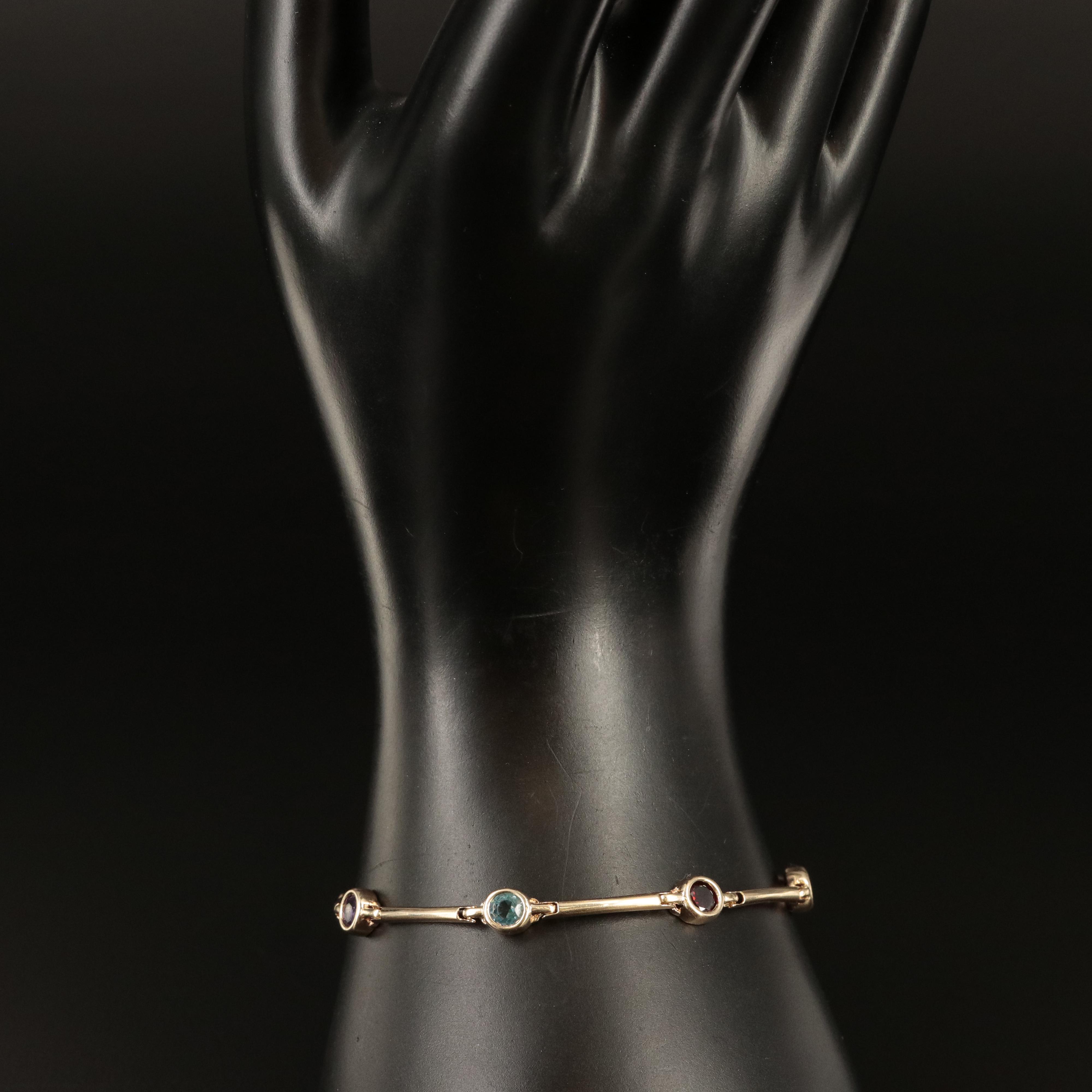 14K Amethyst, Topaz and Garnet Bezel Station Bracelet