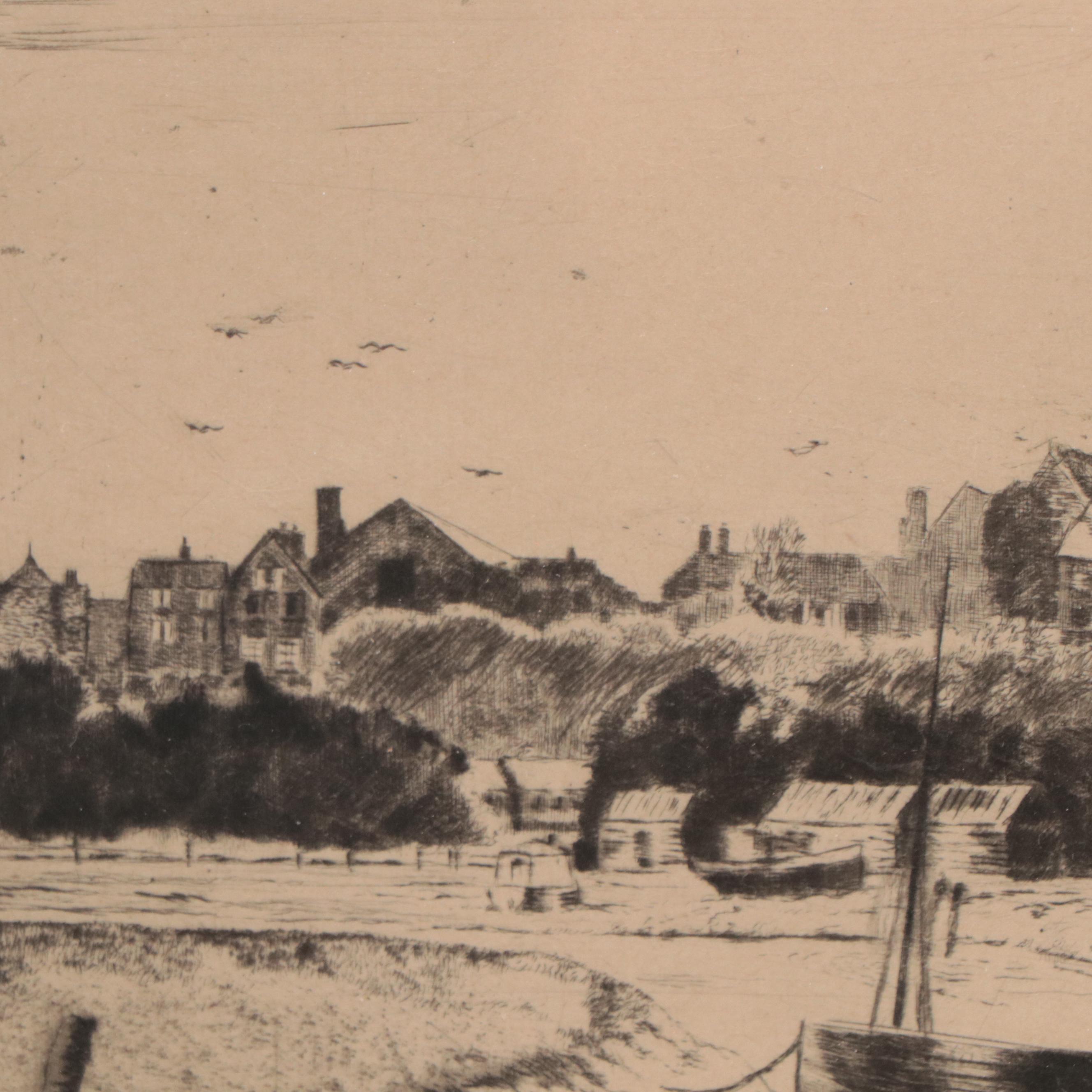 Donald Crawford Etching With Drypoint of Coastal Town