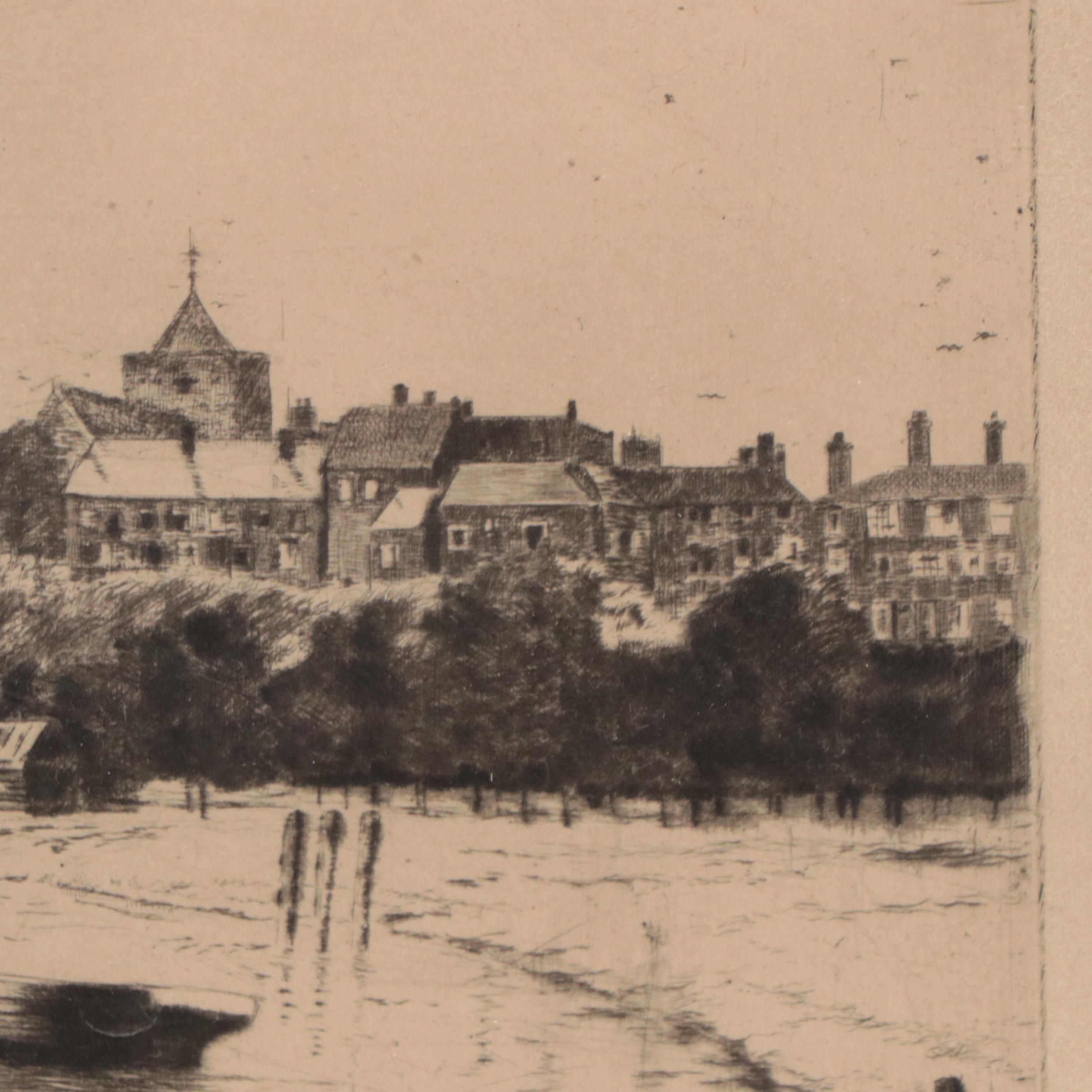 Donald Crawford Etching With Drypoint of Coastal Town