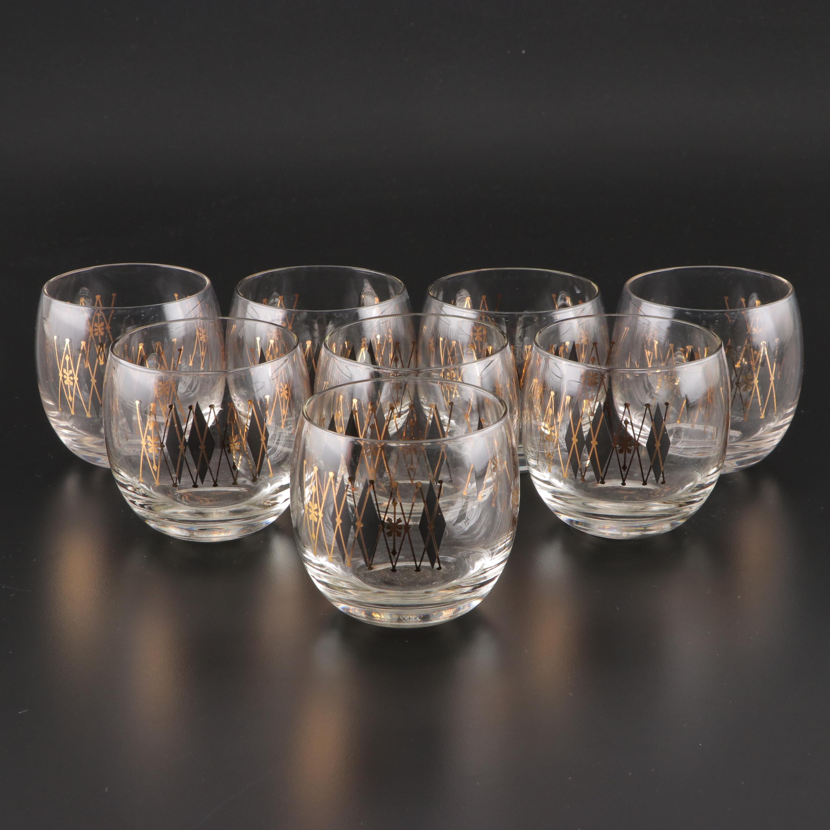 Federal Glass "Harlequin" Roly Poly Glasses with Carrier, Mid-20th Century