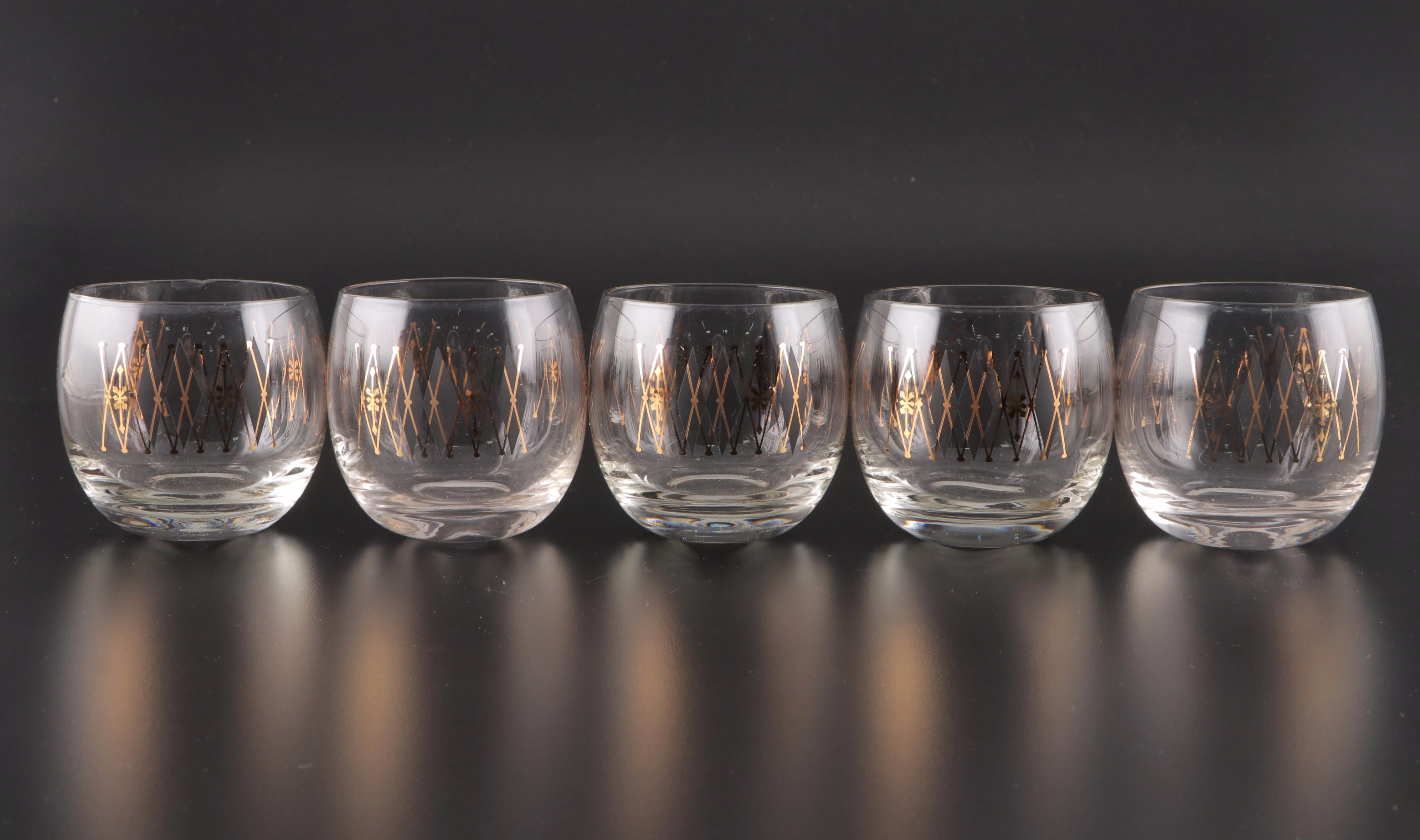 Federal Glass "Harlequin" Roly Poly Glasses with Carrier, Mid-20th Century