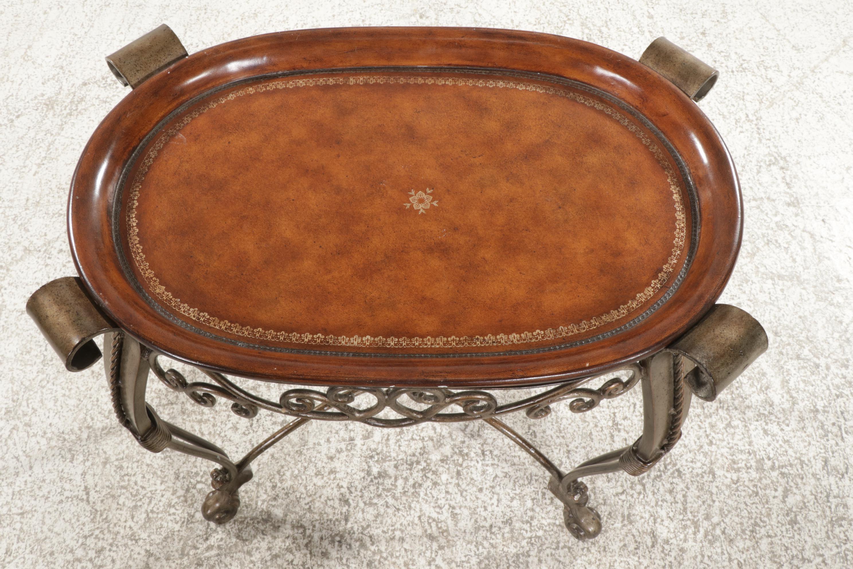 Baroque Style Scrolled Patinated Metal and Wooden Tray Top Side Table