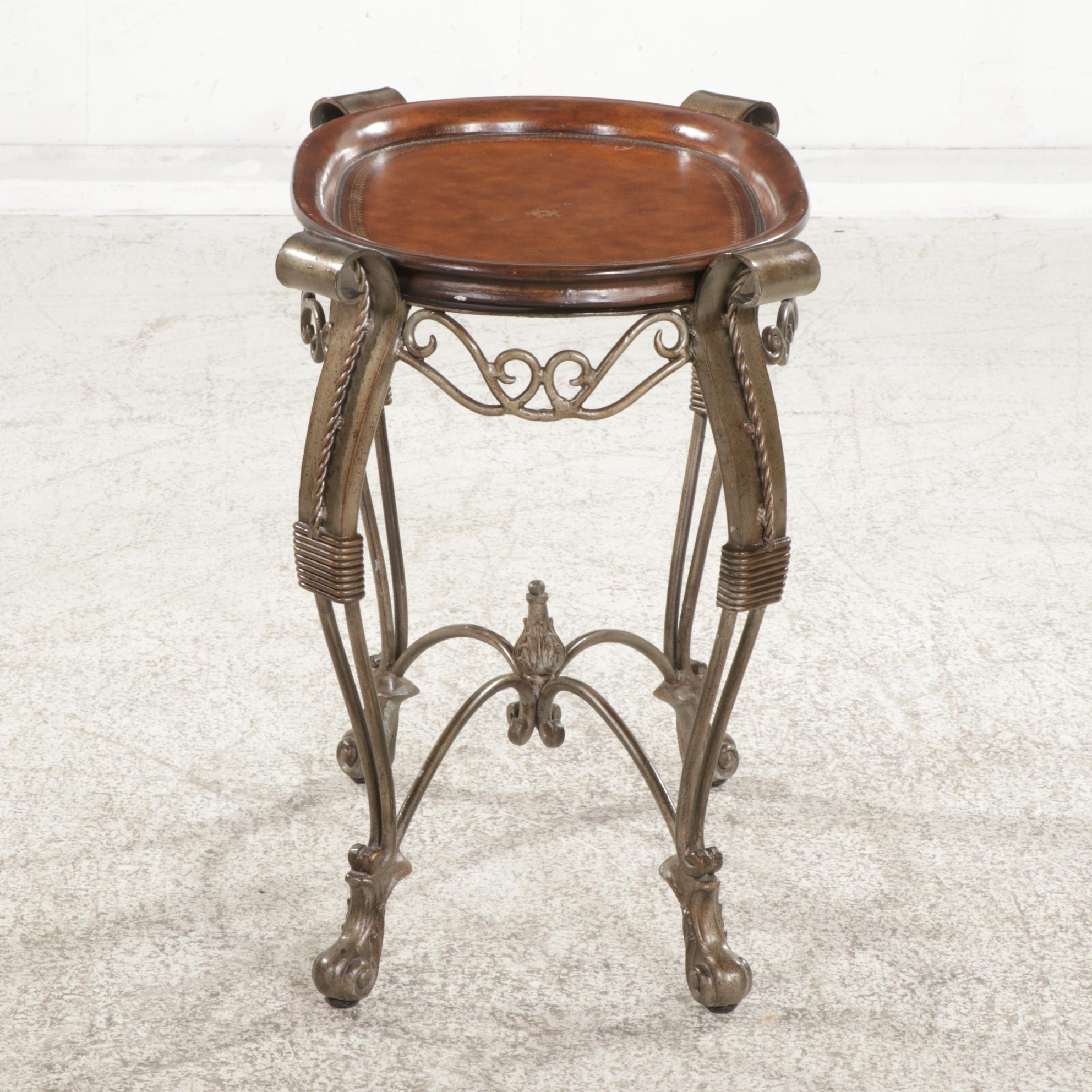 Baroque Style Scrolled Patinated Metal and Wooden Tray Top Side Table