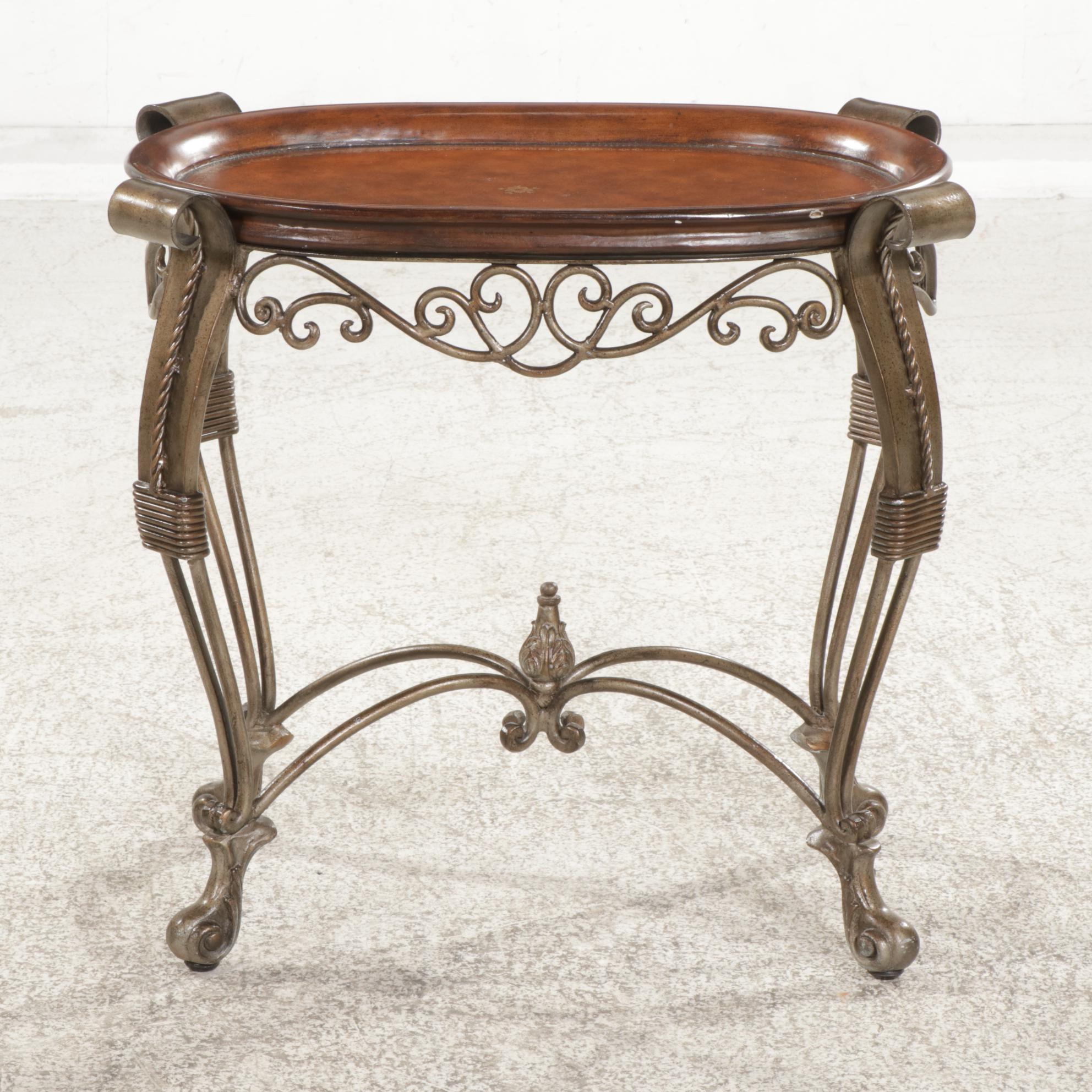 Baroque Style Scrolled Patinated Metal and Wooden Tray Top Side Table