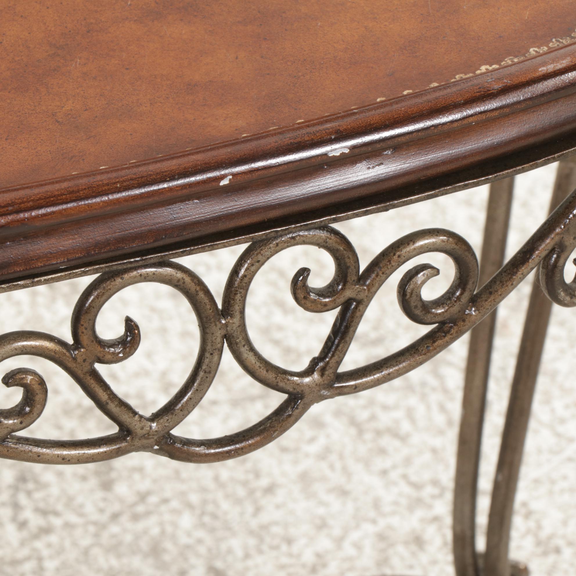 Baroque Style Scrolled Patinated Metal and Wooden Tray Top Side Table