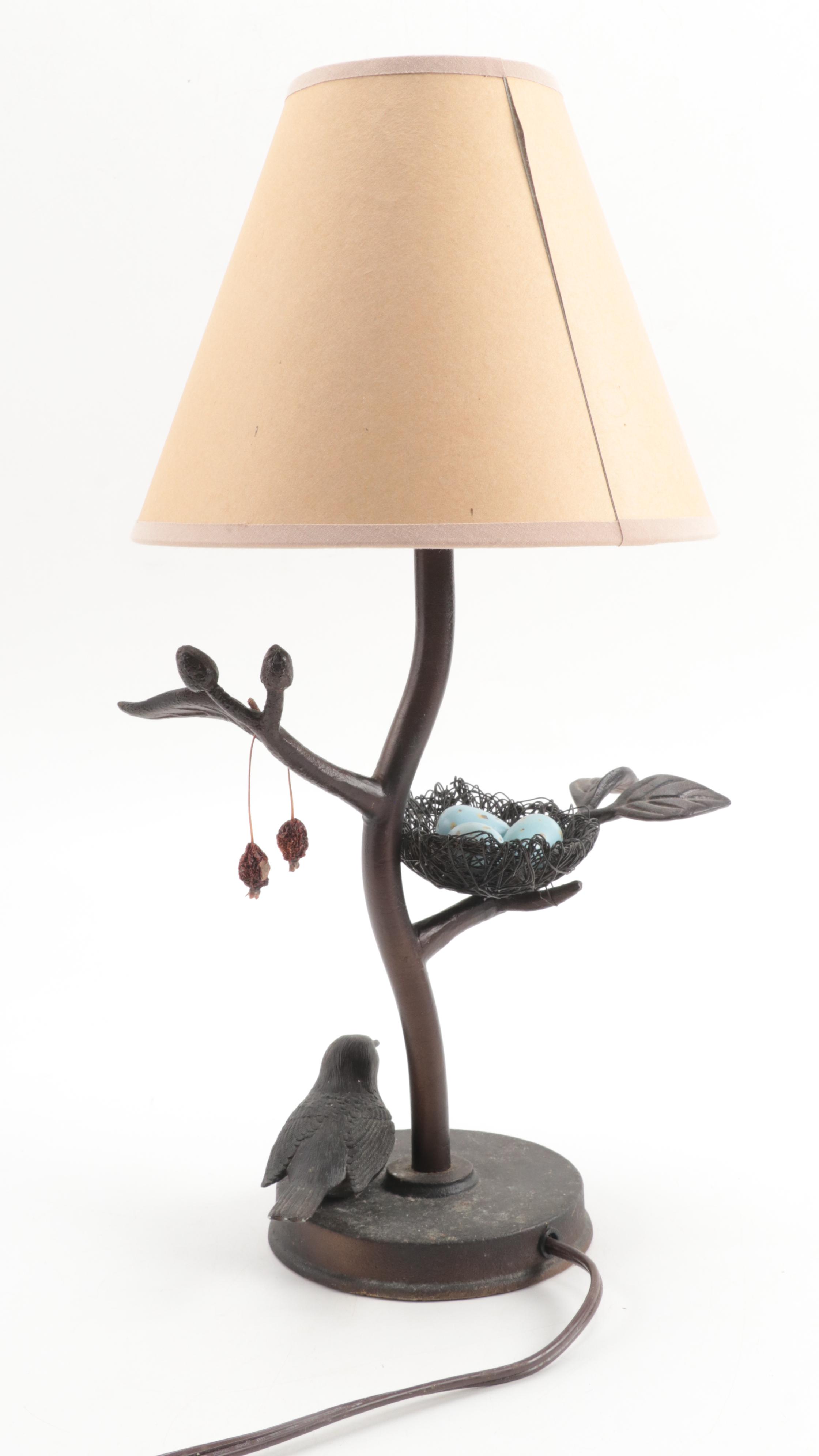 Folk Art Style Table Lamp and Wooden Bird Figurine and Ornament