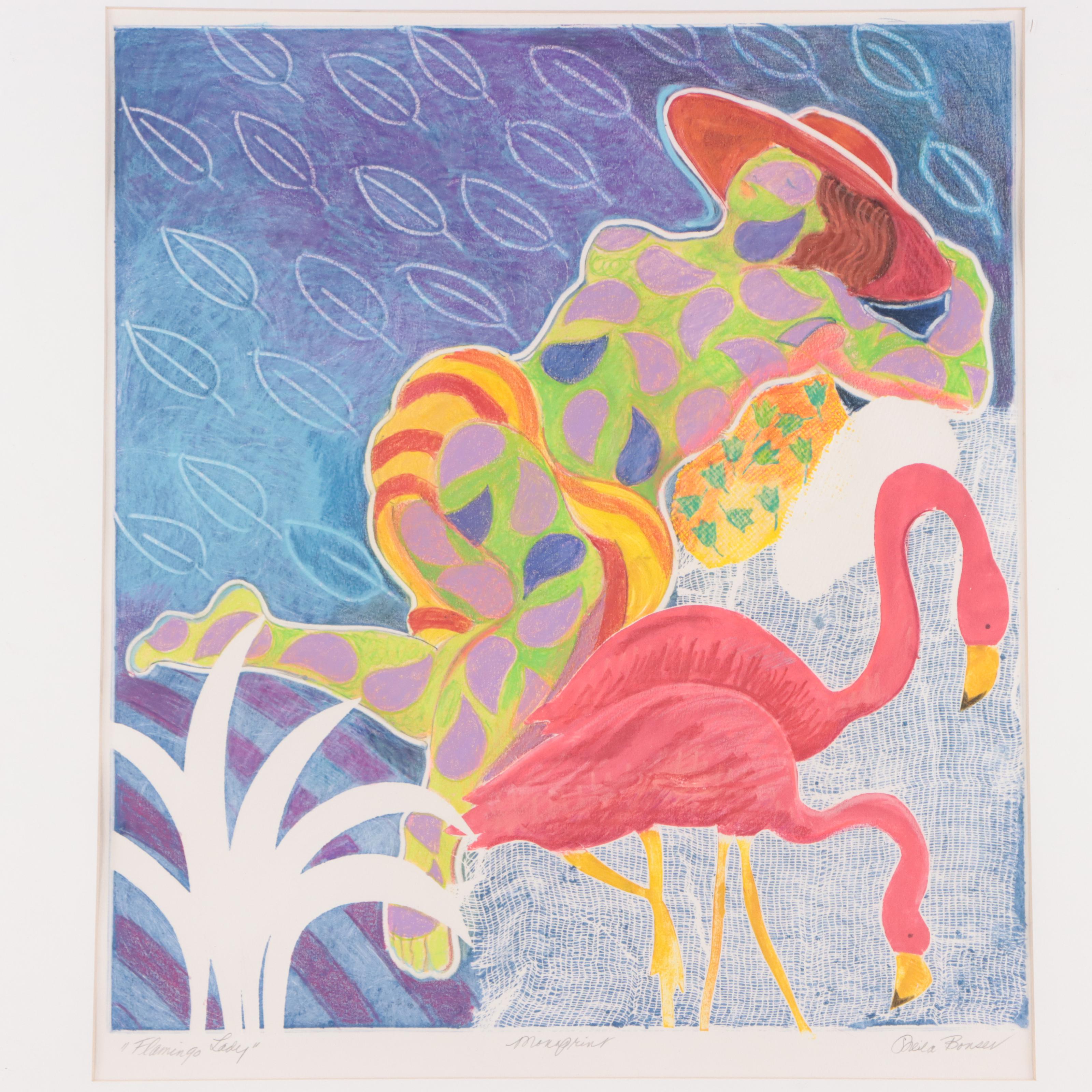 Sheila Bonser Tropical Monoprint "Flamingo Lady"