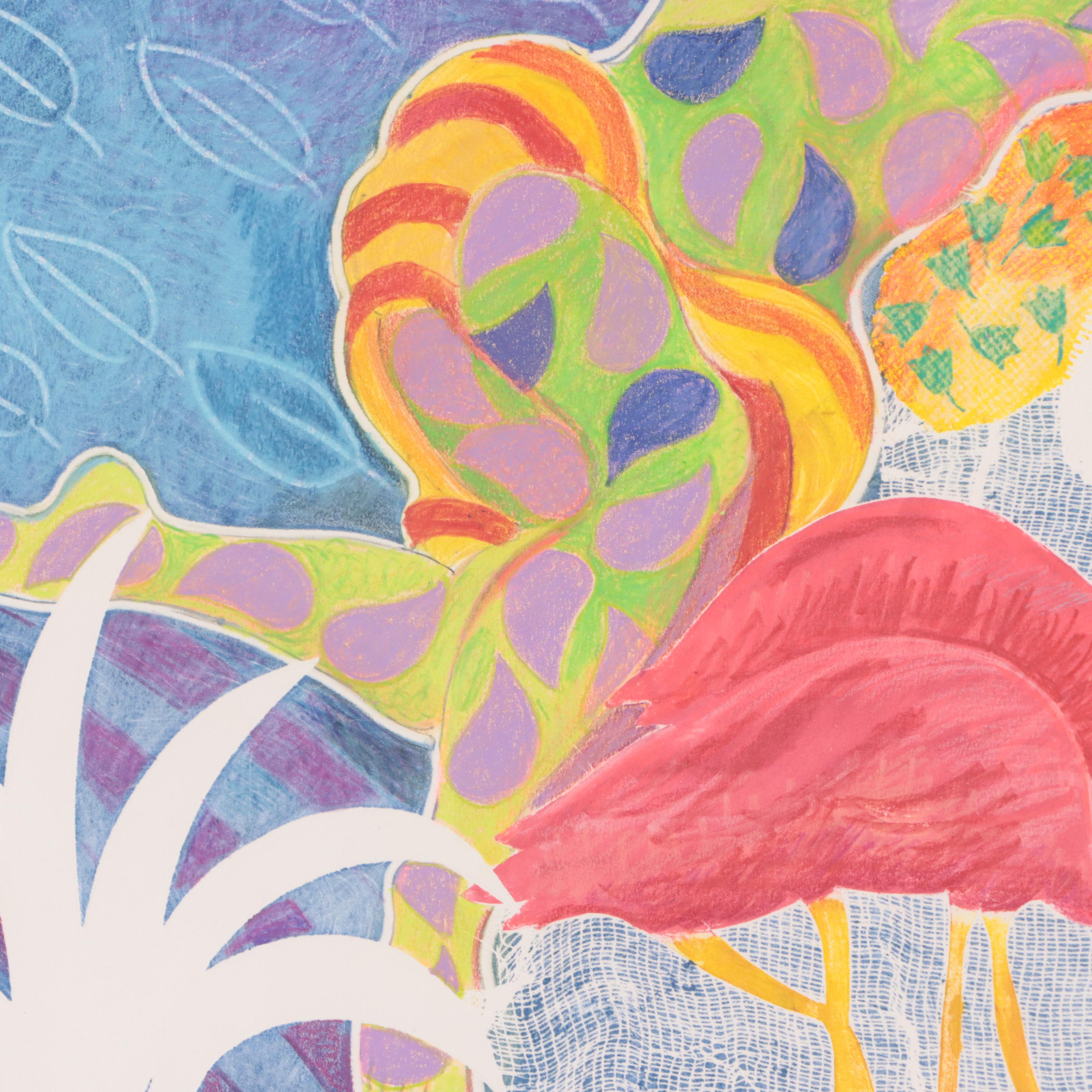 Sheila Bonser Tropical Monoprint "Flamingo Lady"