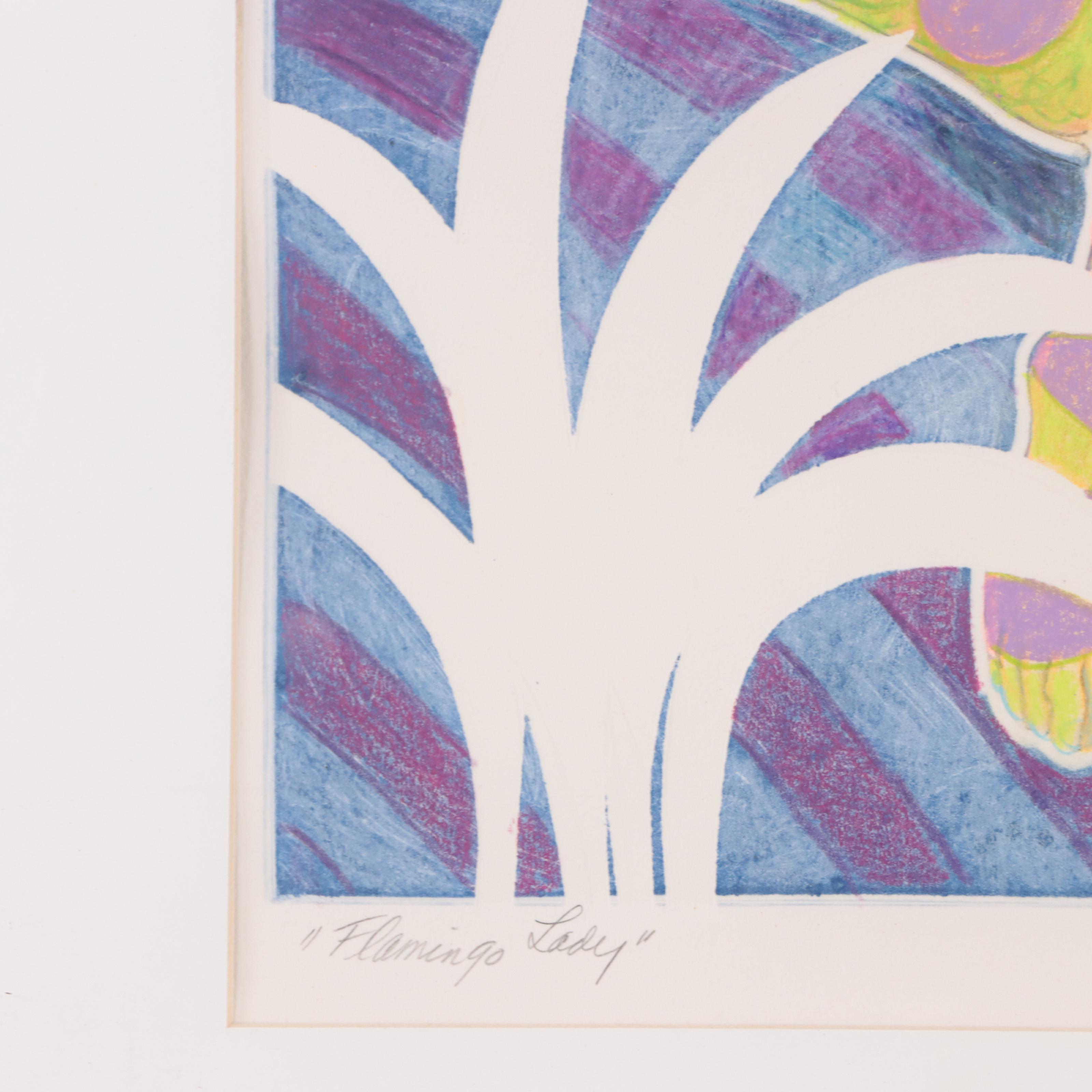Sheila Bonser Tropical Monoprint "Flamingo Lady"