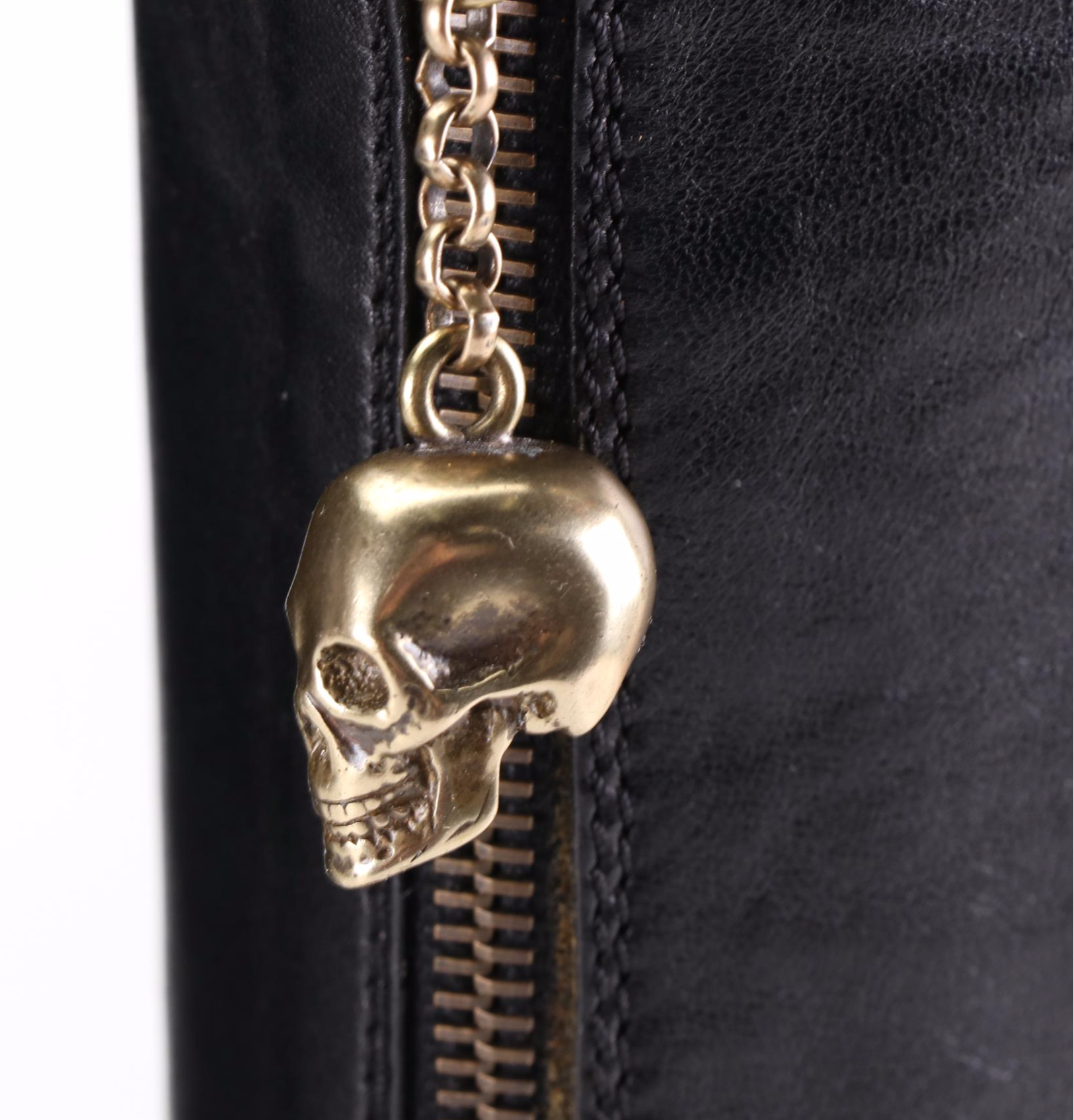 Alexander McQueen Zip-Front Boots in Black Leather with Skull Chain Zip Pull