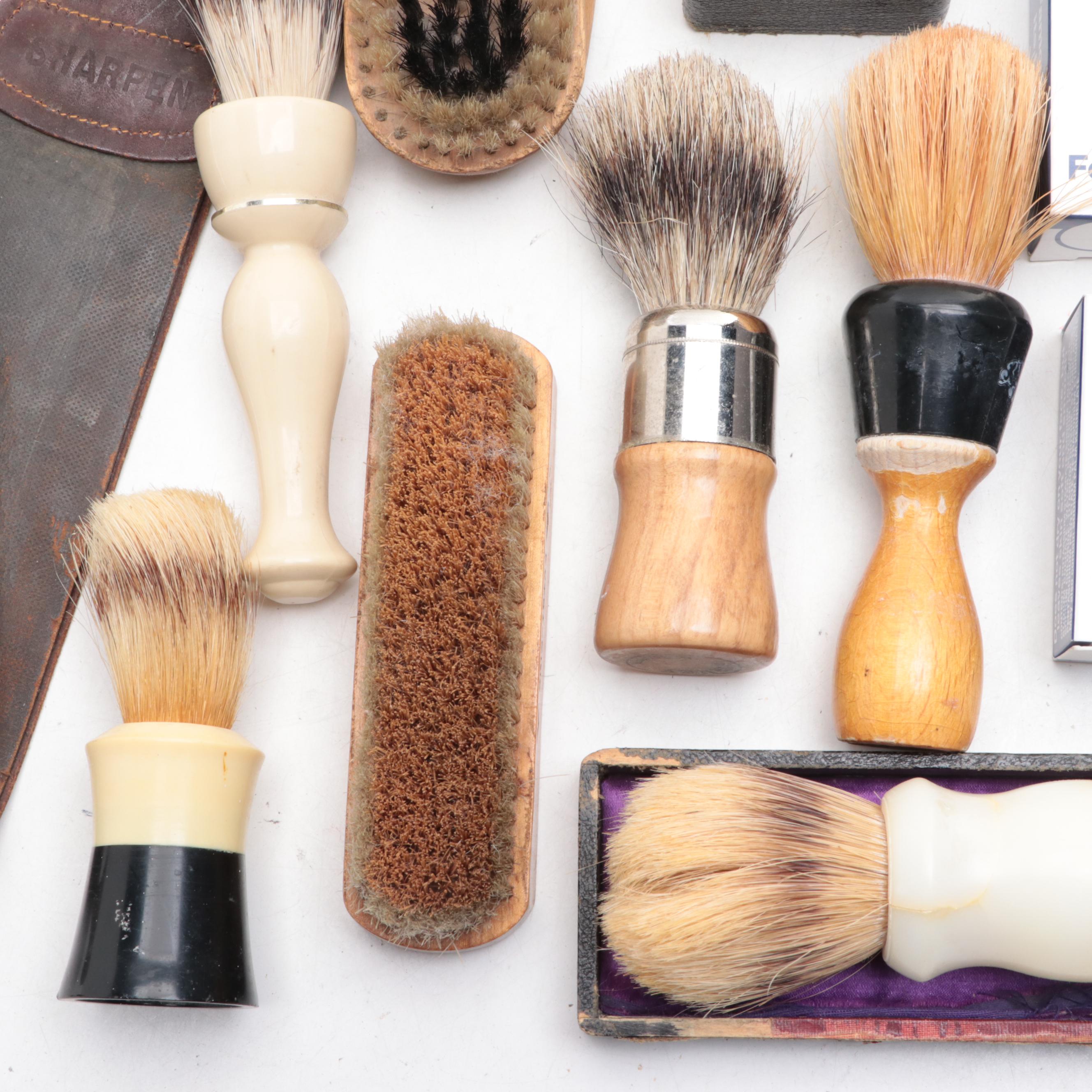 Lancasters Earthenware Shaving Mug with Other Razors and Grooming Tools