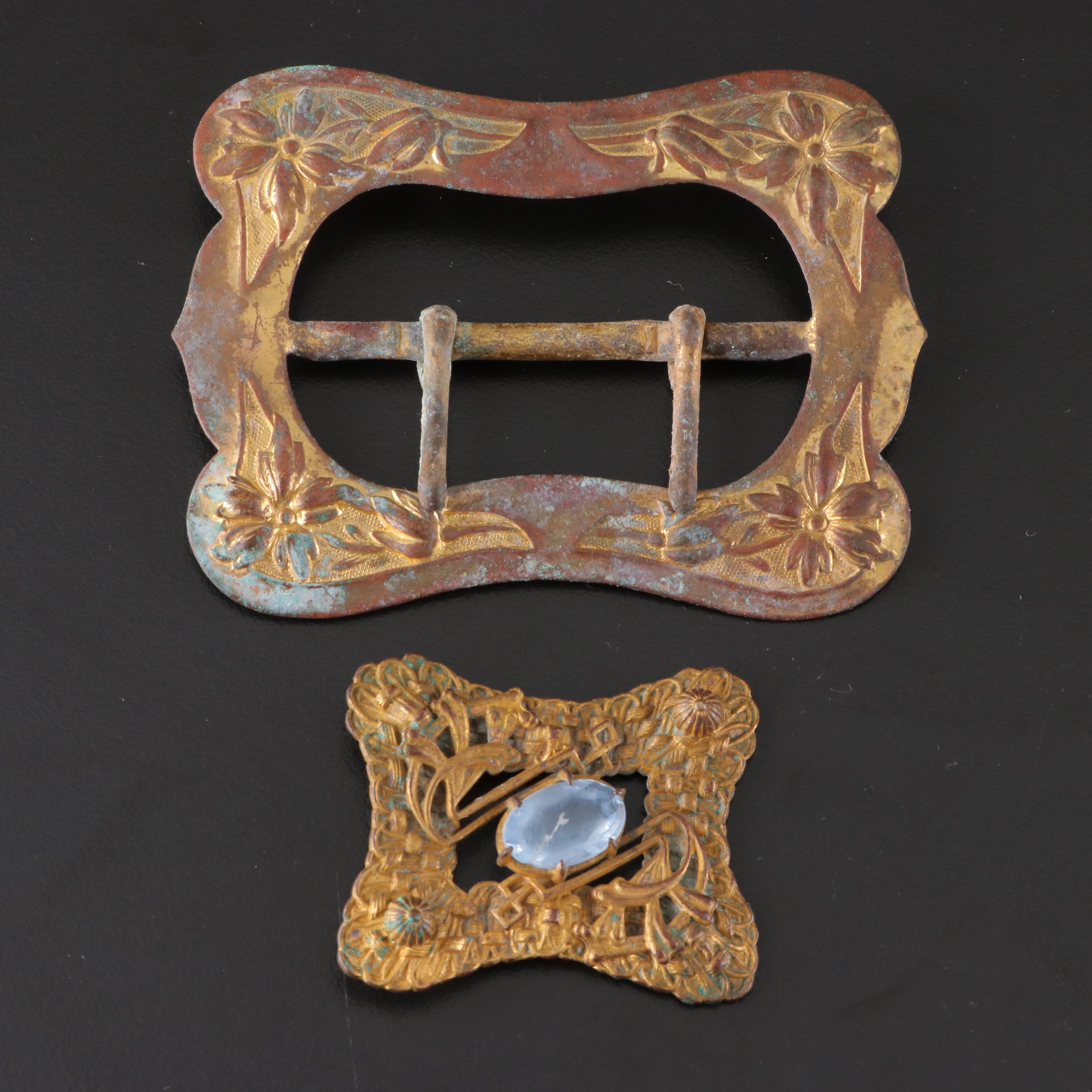 Victorian Era Metal Sash Buckle and Embellished Brooch