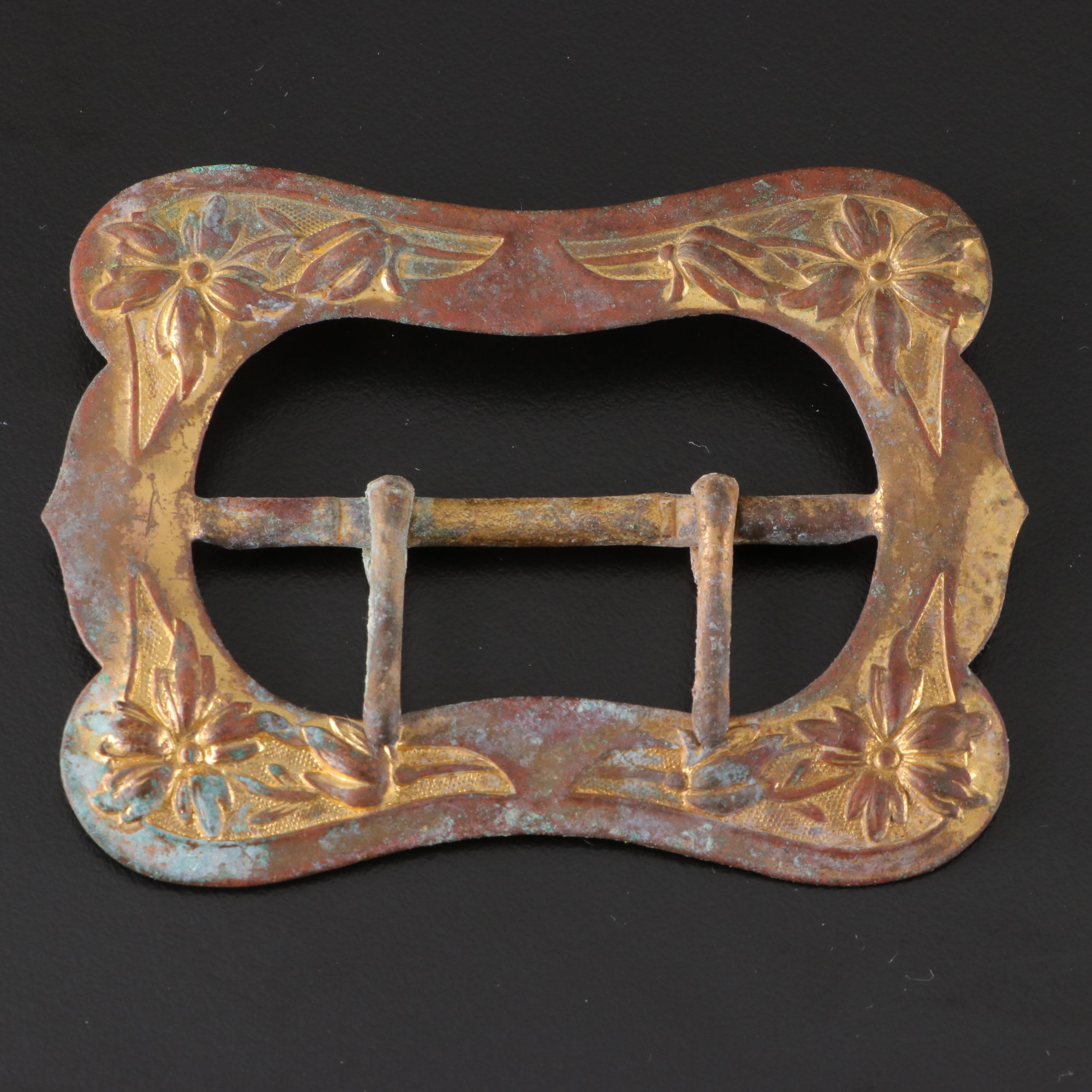 Victorian Era Metal Sash Buckle and Embellished Brooch