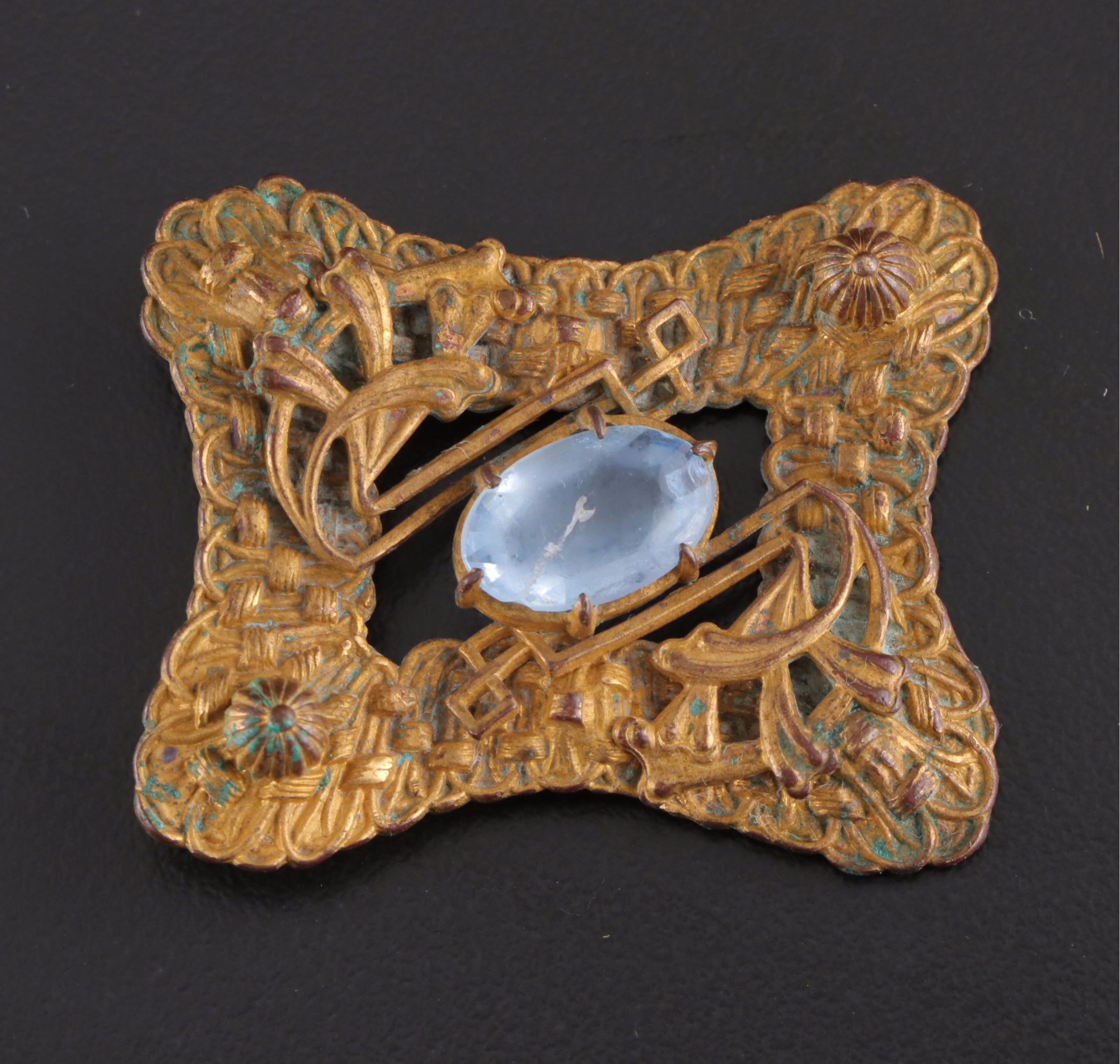 Victorian Era Metal Sash Buckle and Embellished Brooch