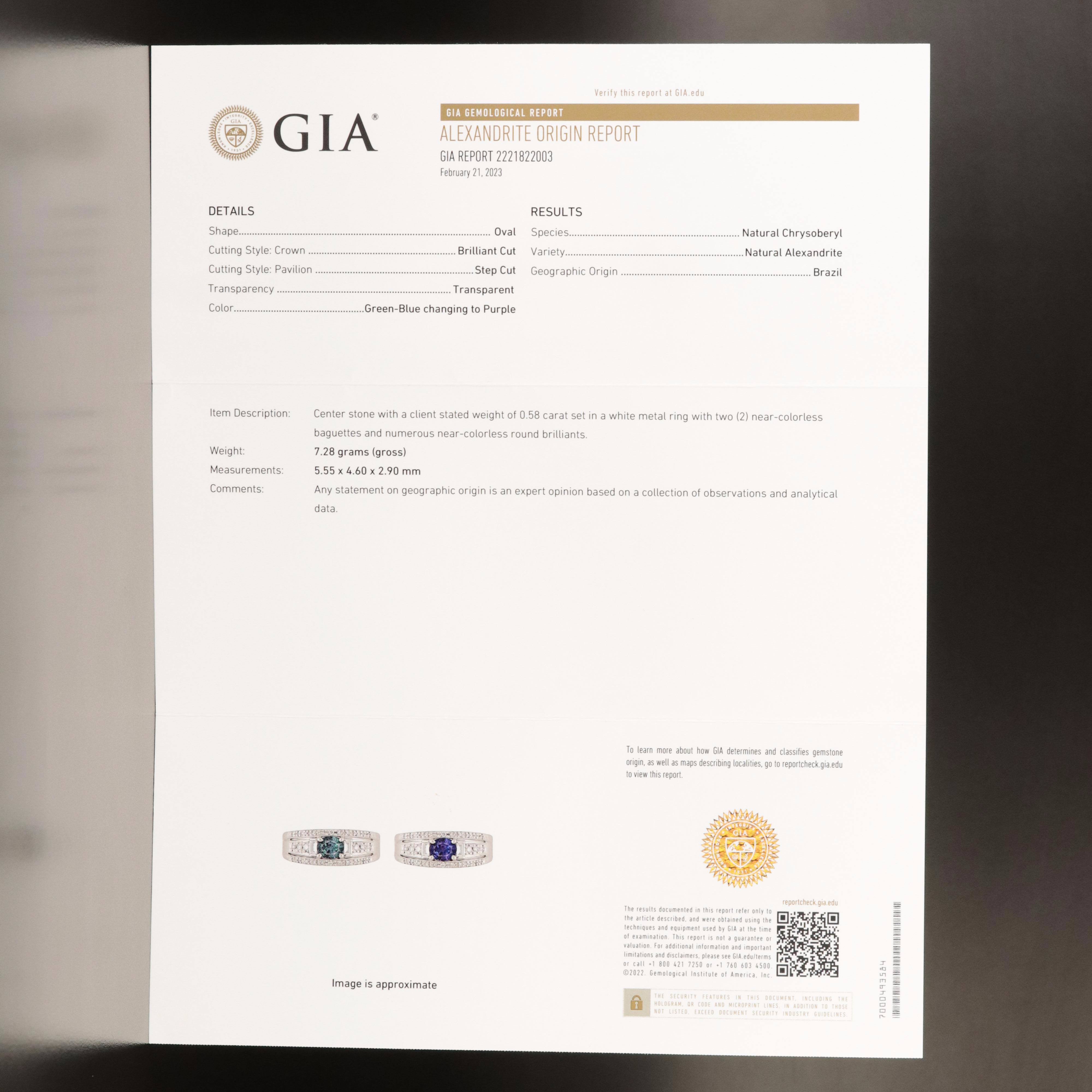 Platinum Brazilian Alexandrite and Diamond Ring with GIA Report