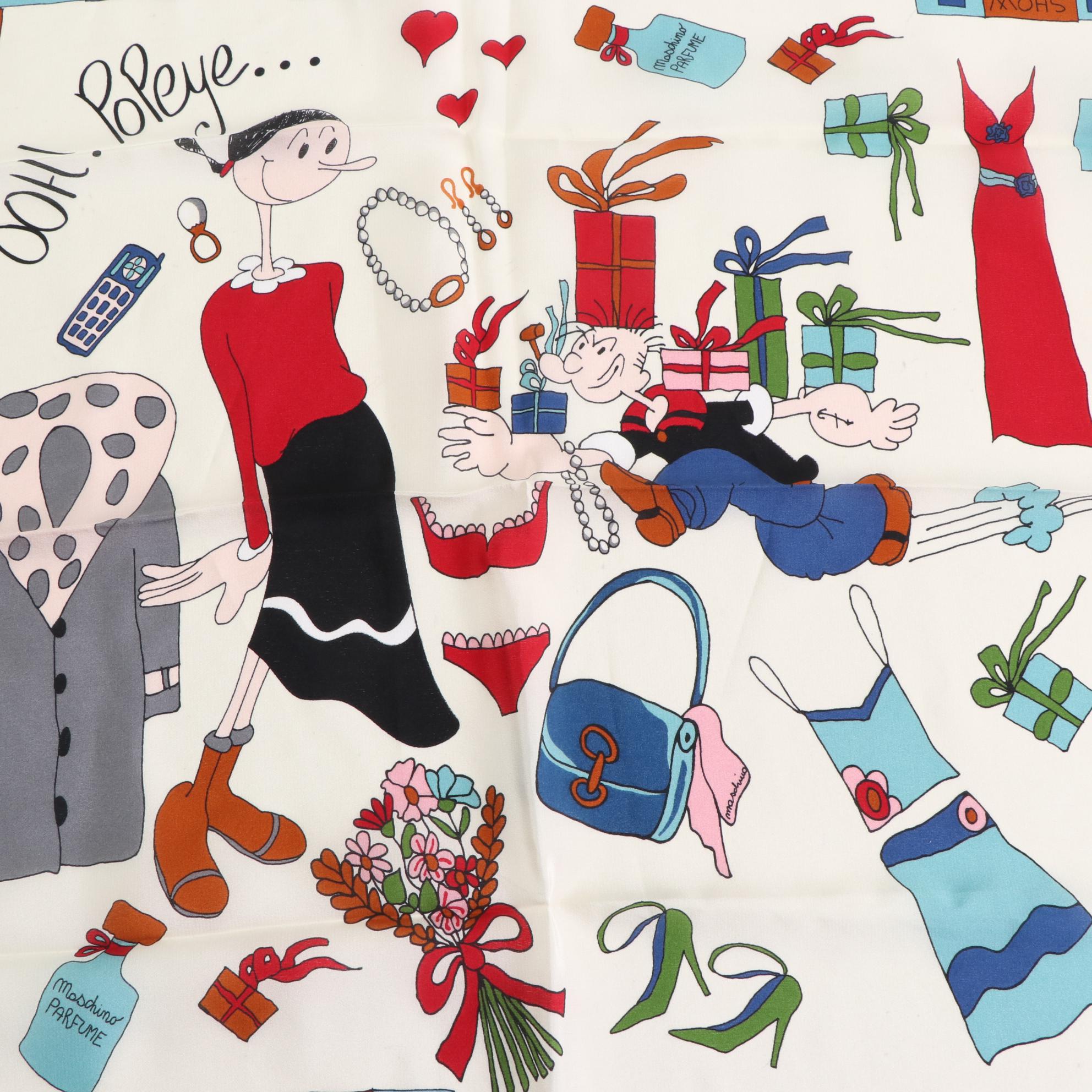 Moschino "Ooh Popeye" Scarf in Silk with Popeye and Olive Oyl