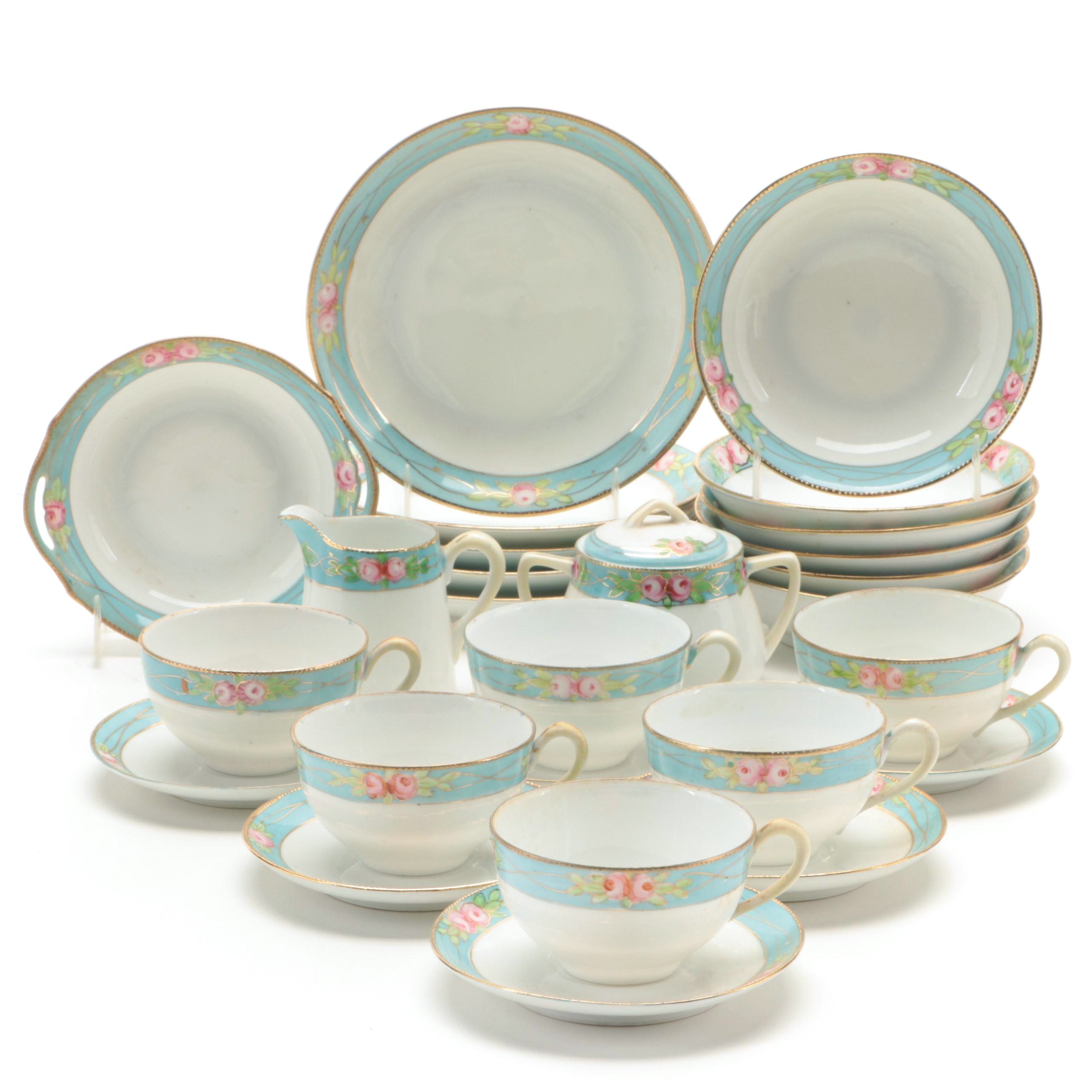 Nippon Hand-Painted Rose Motif Porcelain Dinnerware, Late 19th/ Early 20th C.