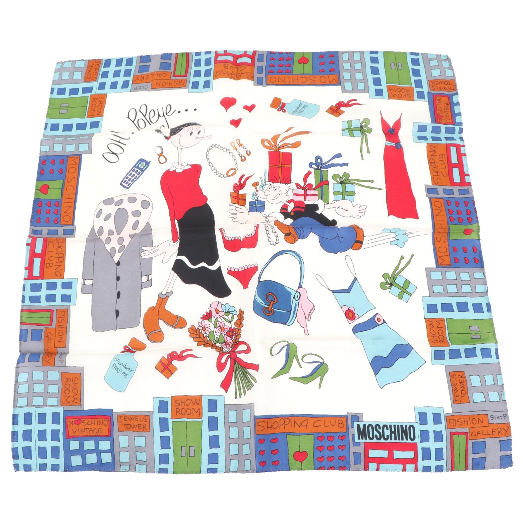 Moschino "Ooh Popeye" Scarf in Silk with Popeye and Olive Oyl