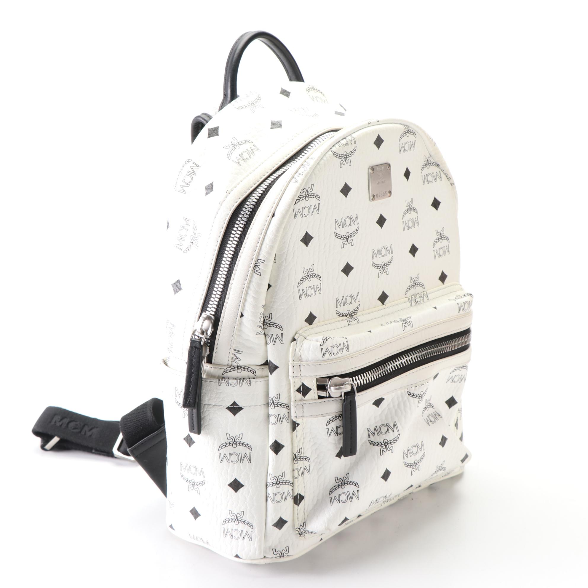 MCM Backpack in White Visetos and Black Leather