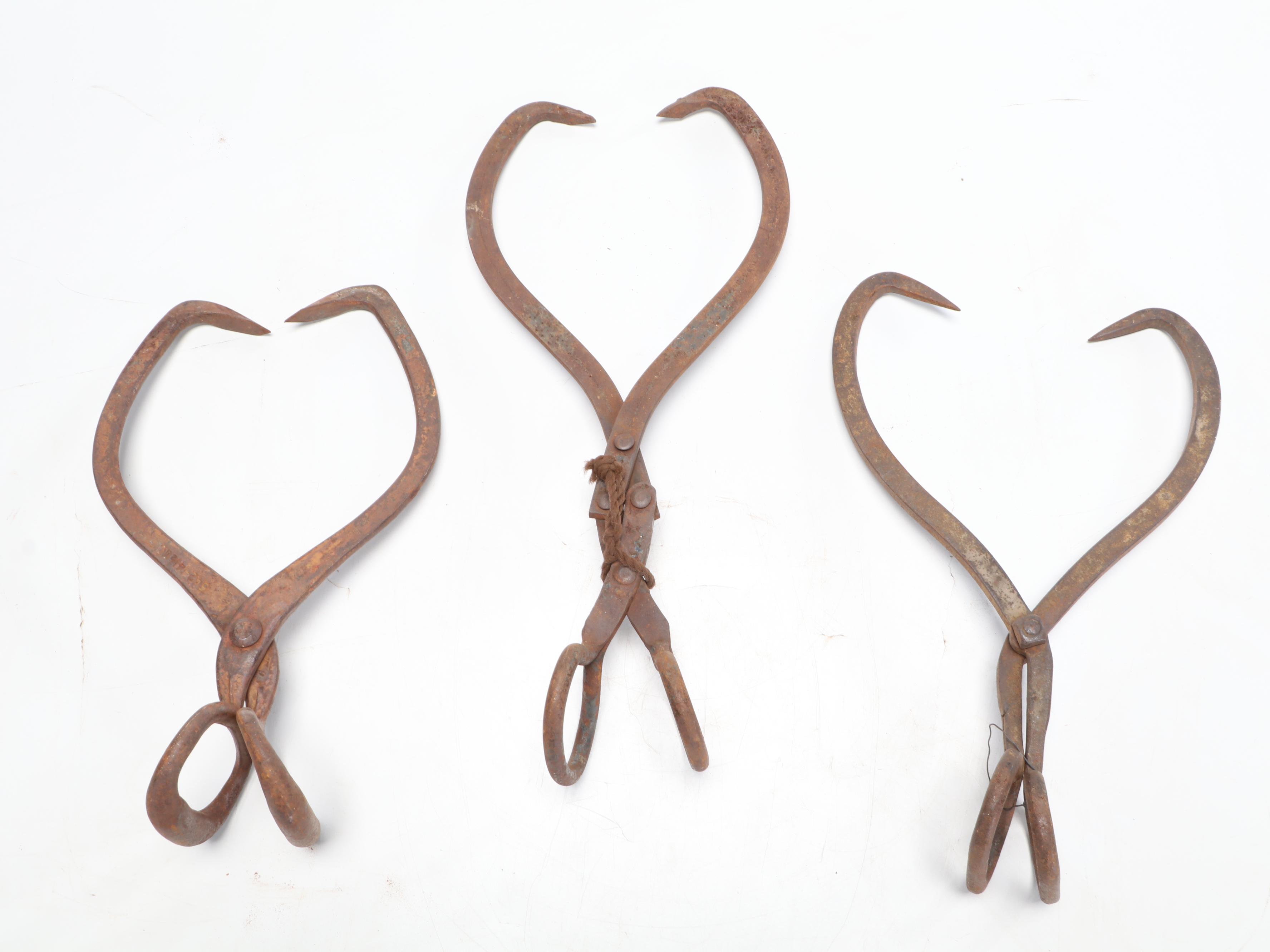 Wrought Iron Ice Tongs With Hay Saw, Late 19th/ Early 20th Century