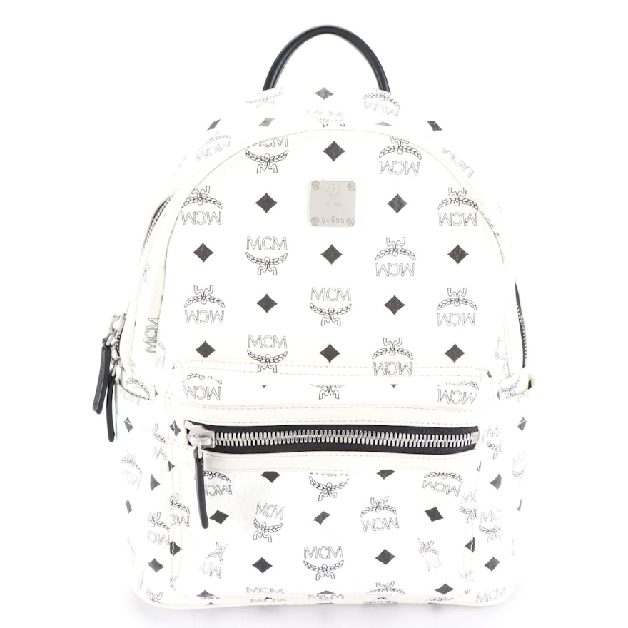 MCM Backpack in White Visetos and Black Leather