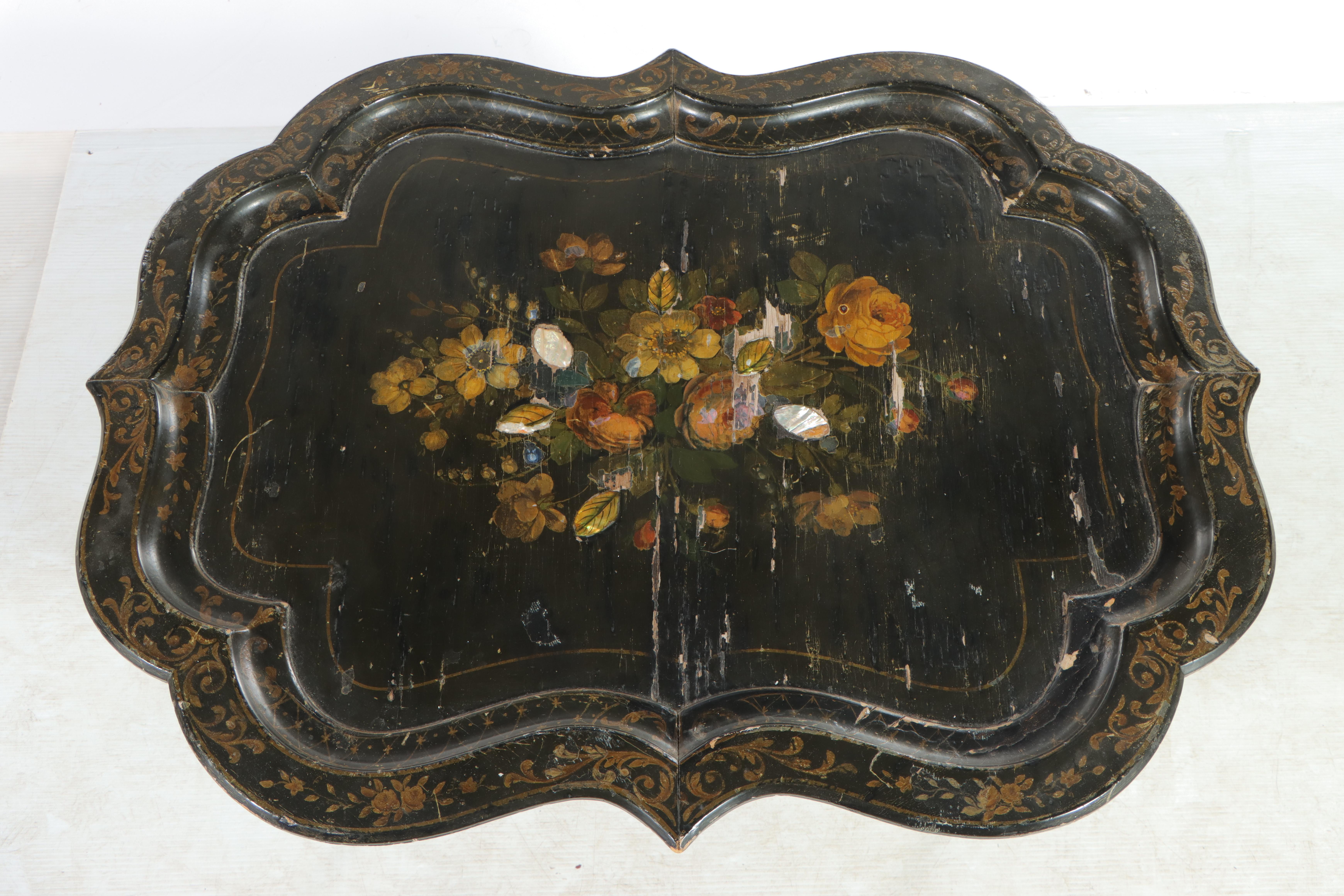 Victorian Papier-mâché Tray on Stand Coffee Table, 19th Century and Adapted