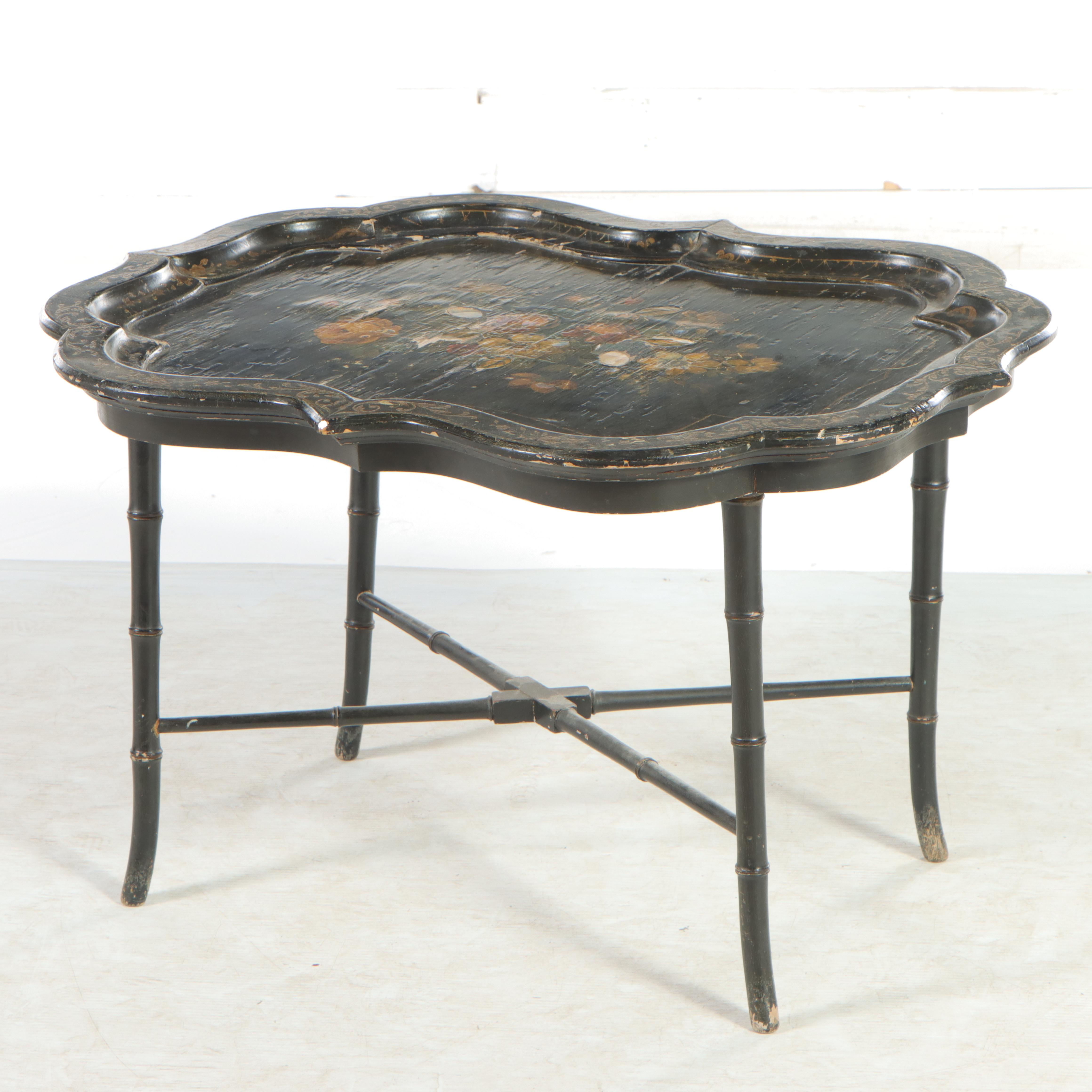 Victorian Papier-mâché Tray on Stand Coffee Table, 19th Century and Adapted