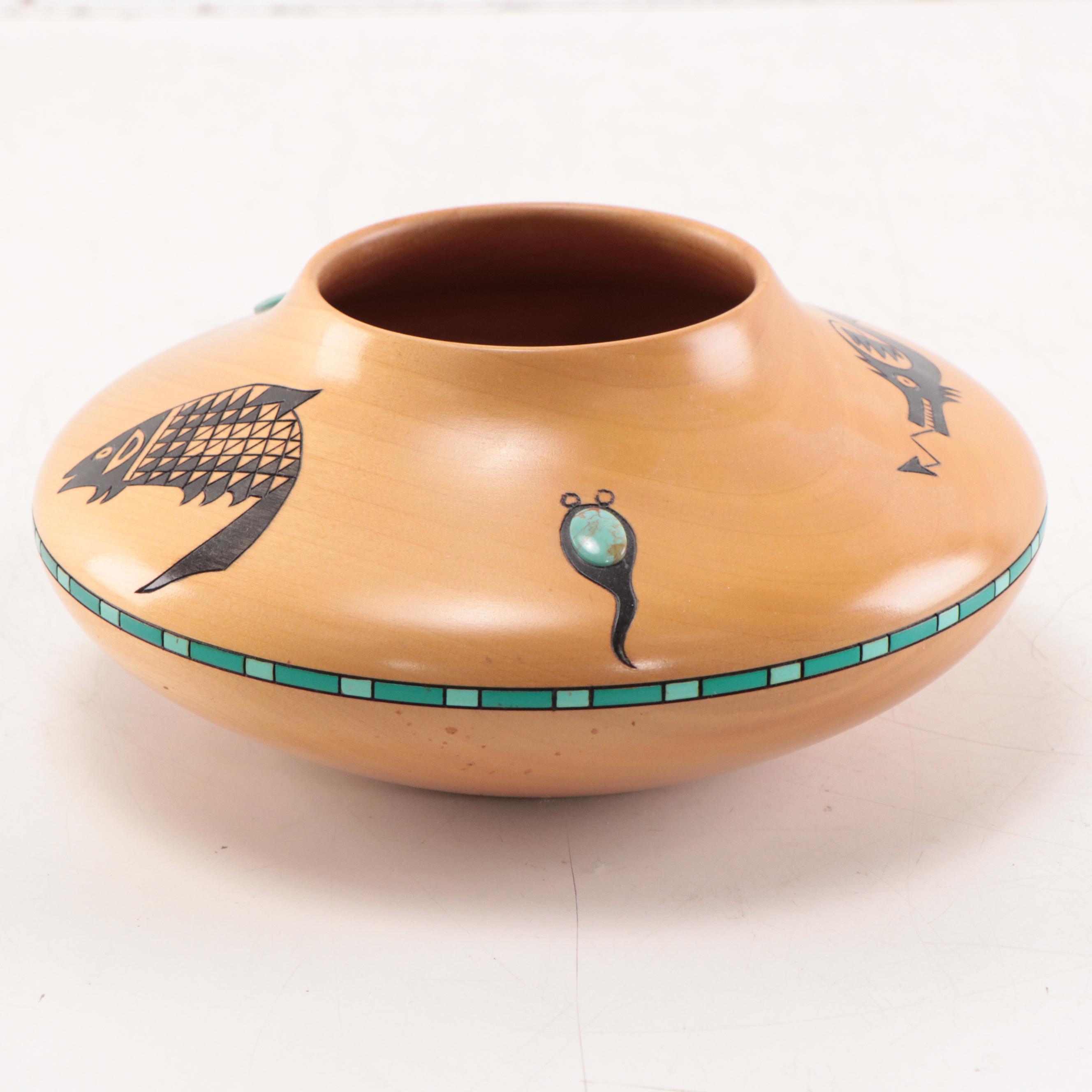 Klaus Stange Turquoise Accented Alder Wood Bowl, Mid-20th Century