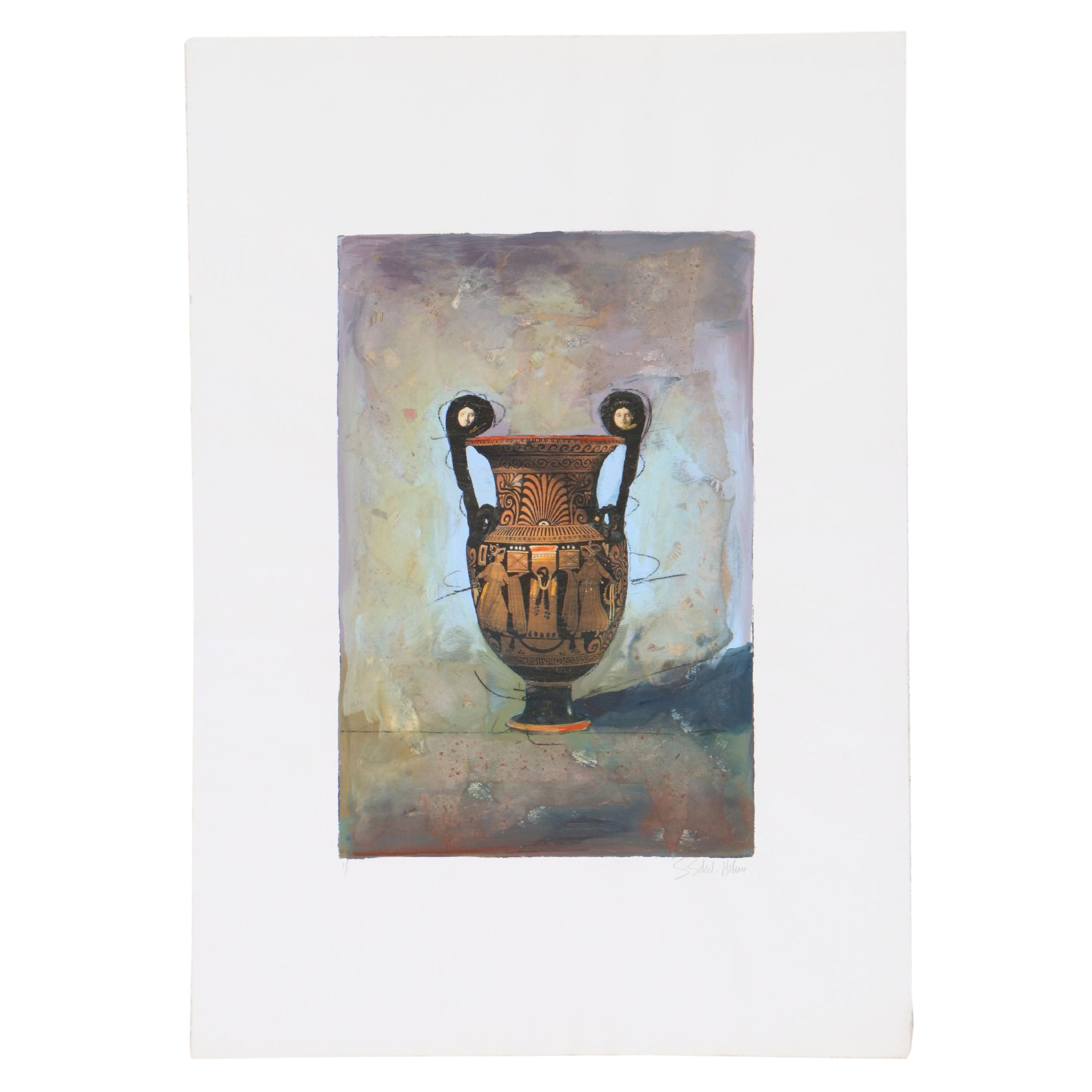 Starlie Sokol-Hohne Mixed Media Monoprint of Grecian Urn, Circa 2000