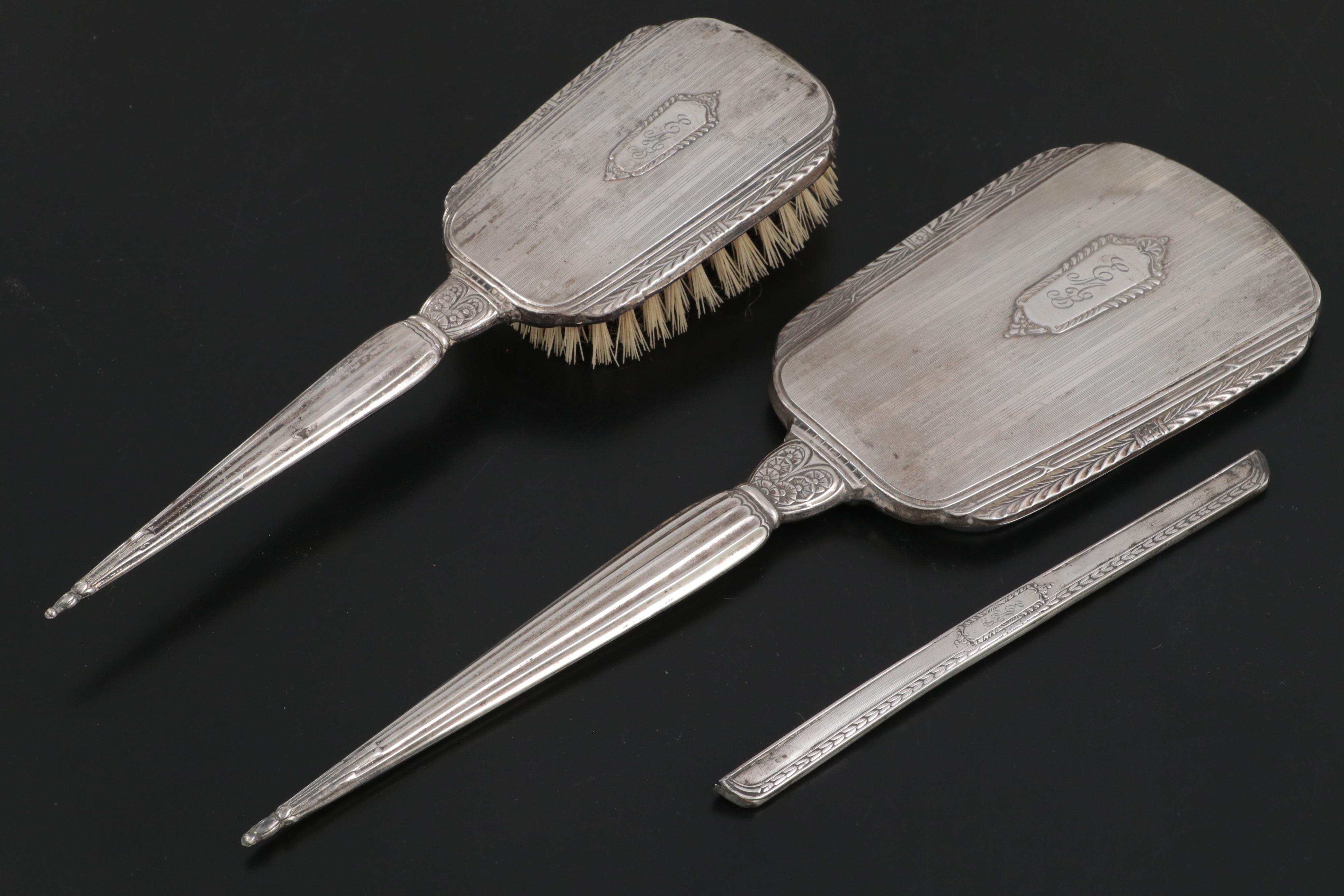 Sterling Silver Hand Mirrors and Brushes with Other Cigarette Cases and Décor