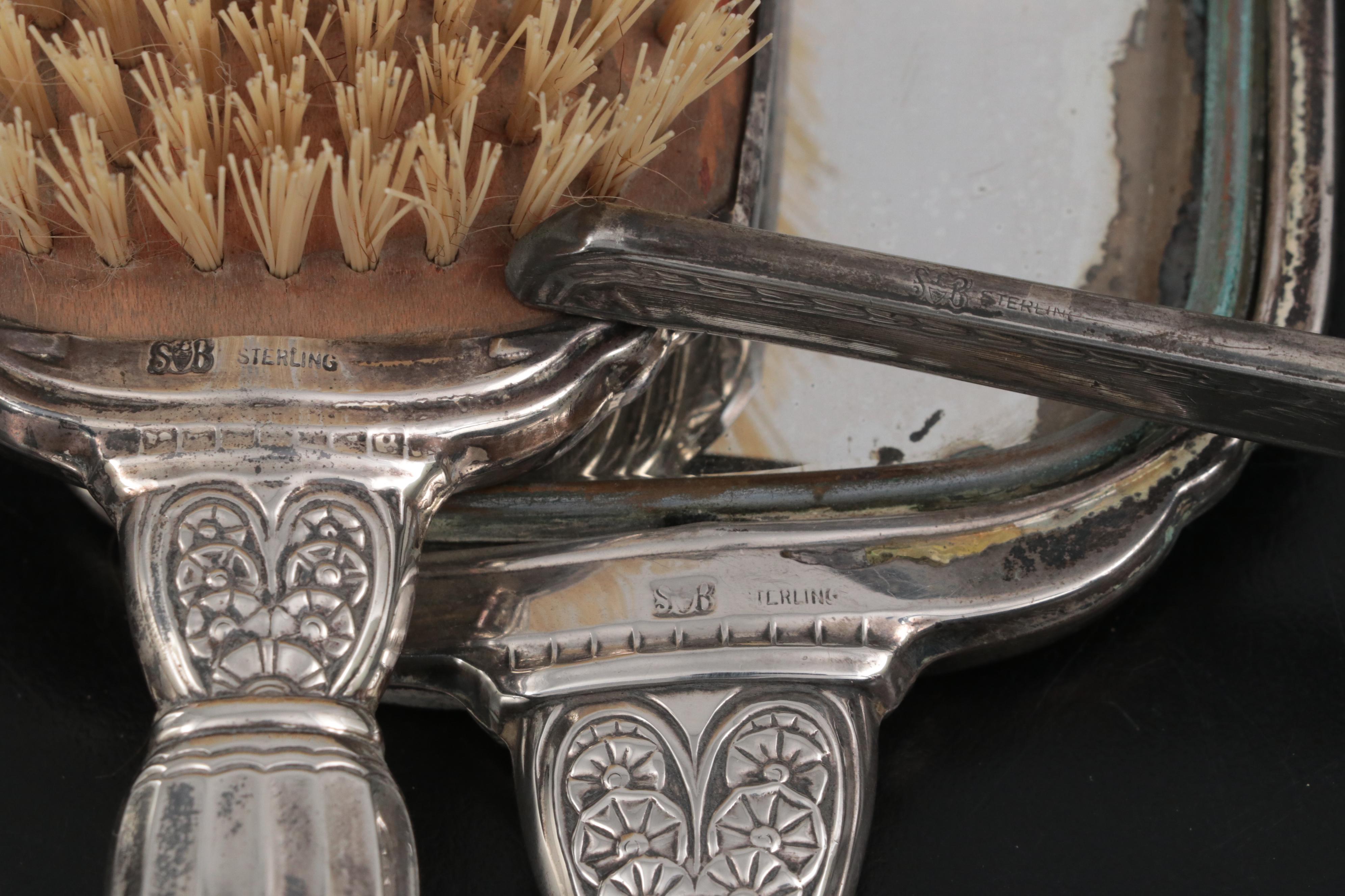 Sterling Silver Hand Mirrors and Brushes with Other Cigarette Cases and Décor