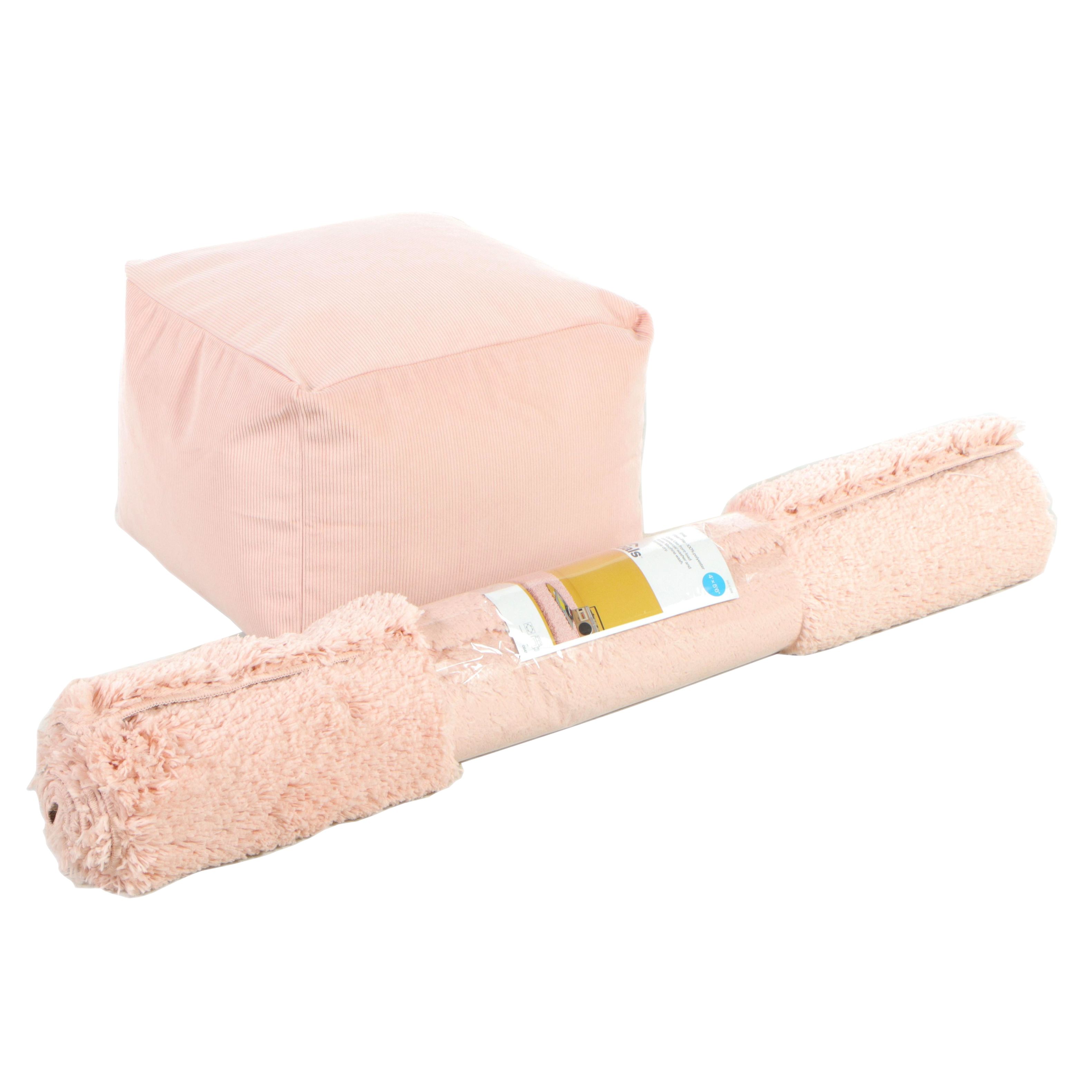 4' x 5'6 Machine Made Room Essentials Shag Area Rug and Corduroy Pouf